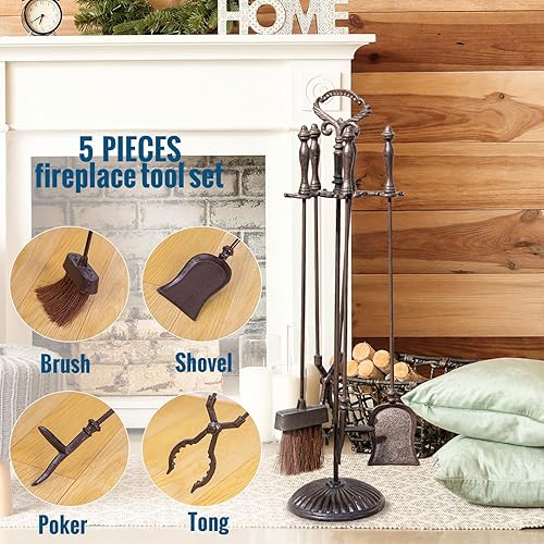 Miniatura 5 de Sungmor Juego de 5 herramientas para chimenea de hierro forjado, accesorios rústicos para chimenea, incluye pinzas, pala, póker, cepillo y soporte,