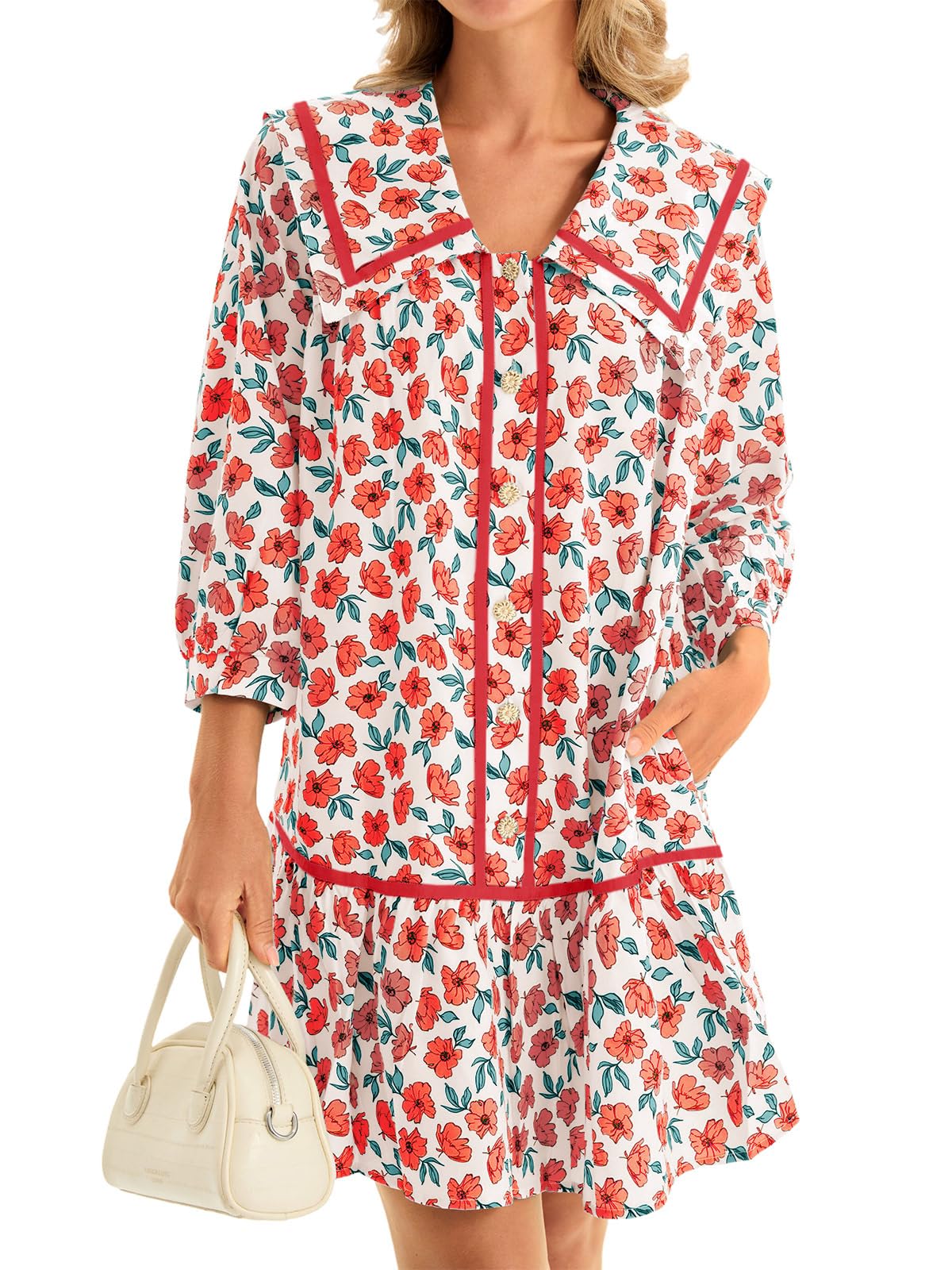 Wenrine Camicia casual da donna a 3/4 a maniche lunghe floreale abbottonata fluida babydoll autunno mini abito