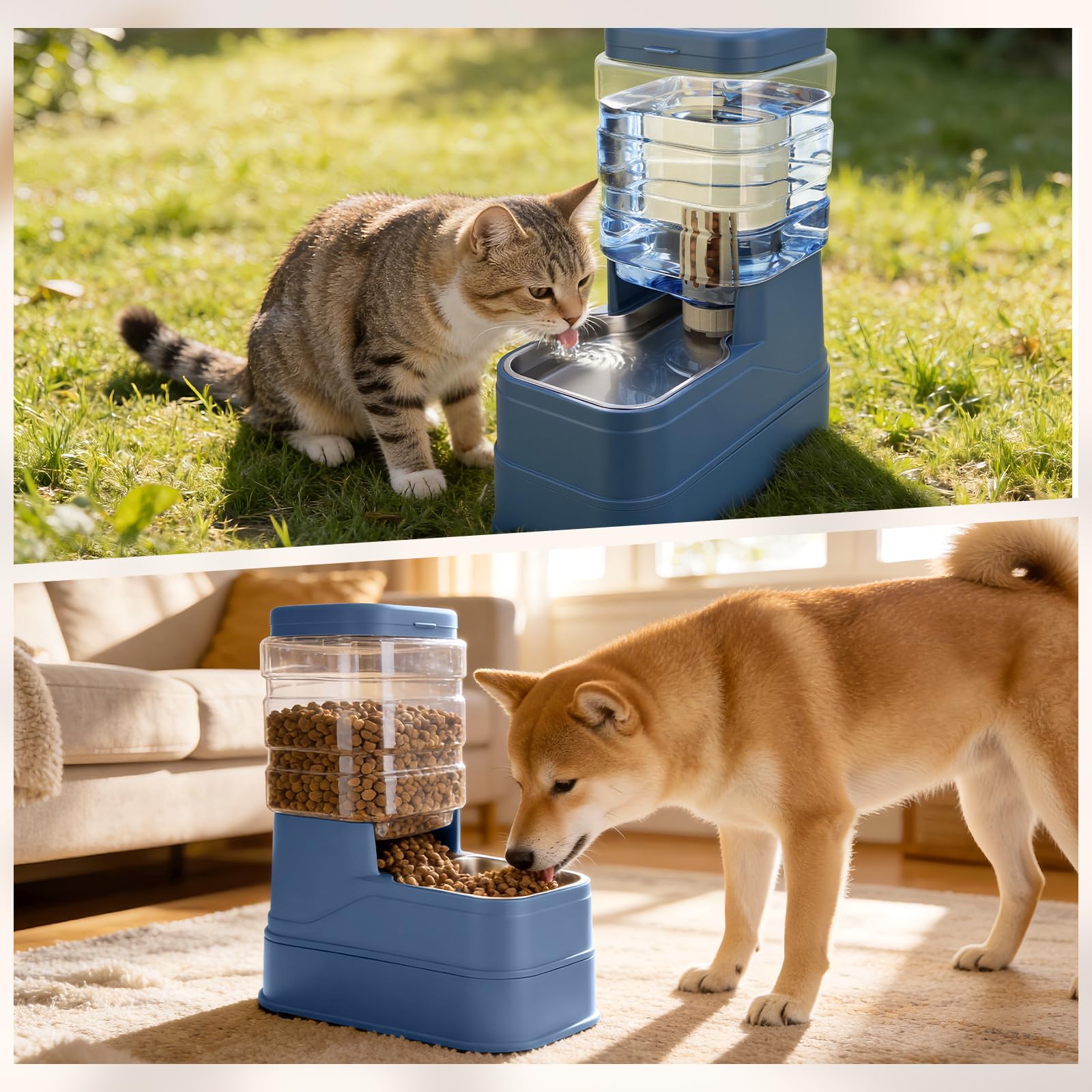 Confezione da 2 mangiatoie automatiche per gatti e distributori d'acqua da 1,3 galloni per cani a gravità e acqua con impacco di ghiaccio, in acciaio inox, ciotola per cibo secco e abbeveratoio per