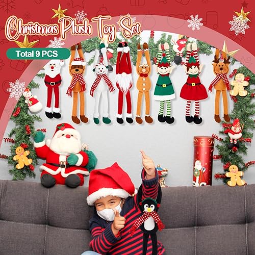 Miniatura 6 de Shappy 9 piezas de juguetes de peluche de Navidad, animales de peluche de Navidad a granel, calcetín de Navidad largo de peluche, decoración de