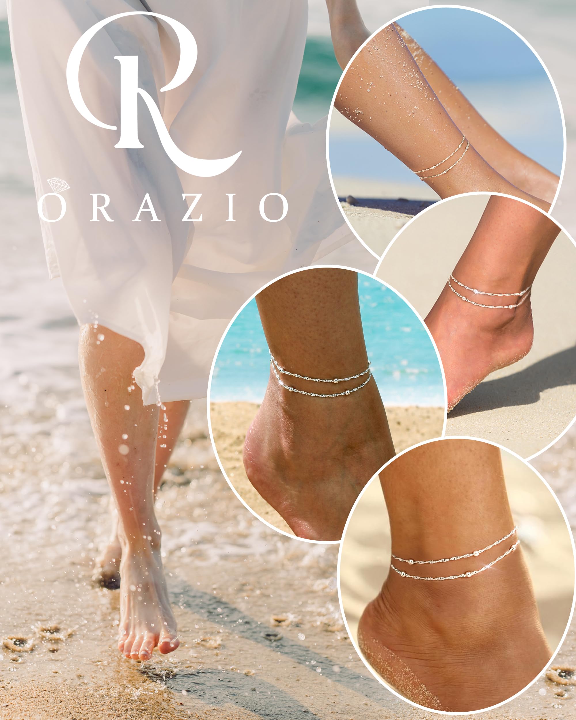 ORAZIO 925 Sterling Silver Ankle Bransoletka Wielowarstwowa Bransoletka Na Kostkę Dla Kobiet Serce Okrągła Piłka Cyrkon Wiele Style Kostki Łańcuch Regulowany Lato Plaża Biżuteria