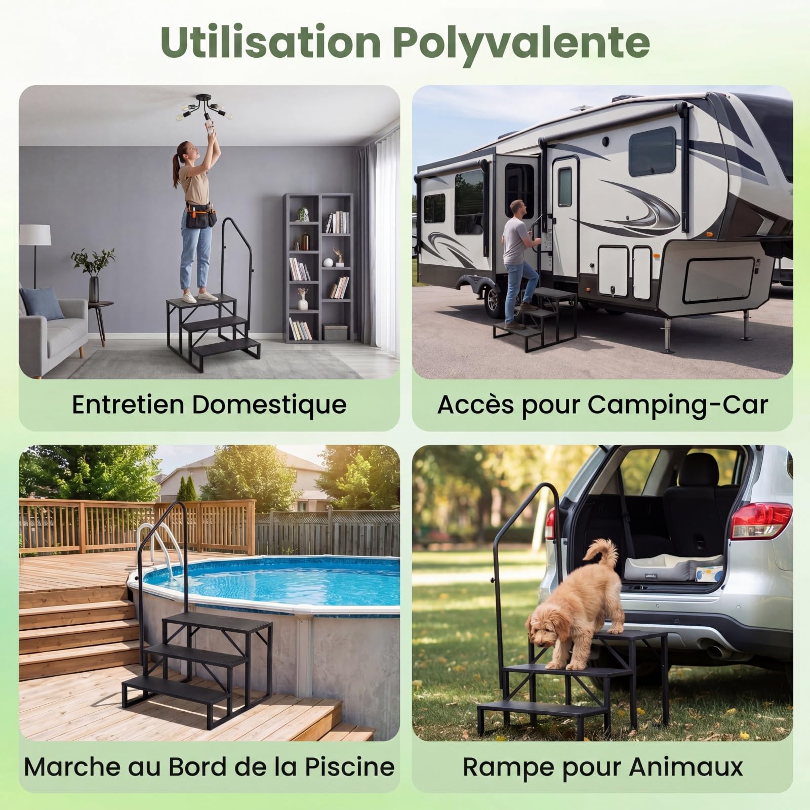 GYMAX Marchepied de Camping-Car à 3 Marches, Escalier en Métal avec Main Courante, Large Plateforme Antidérapante, Capacité 300 kg, pour Entrée, Sortie, Caravane, Remorque