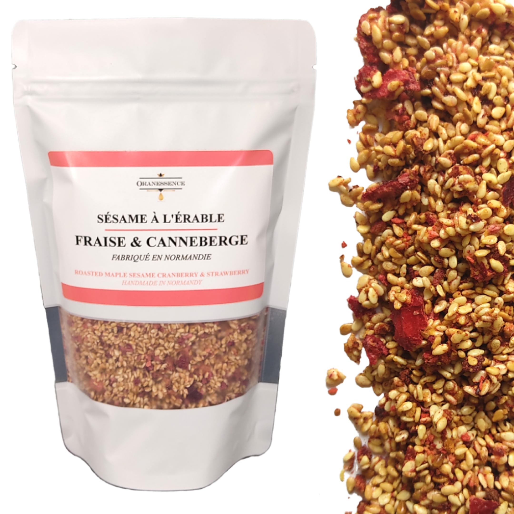 Sésame à l'érable (200g) - Fraise & Canneberge - Topping Dessert - UNIQUE - Fabriqué à la main en Normandie - Assemblage d'Exception - Sans additif, Sans Colorant, Sans Conservateur, non irradié
