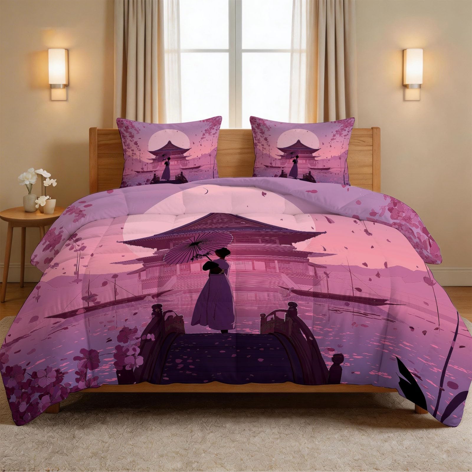 Couette 200 x 200 cm édredon réversible violet au motif architecture orientale