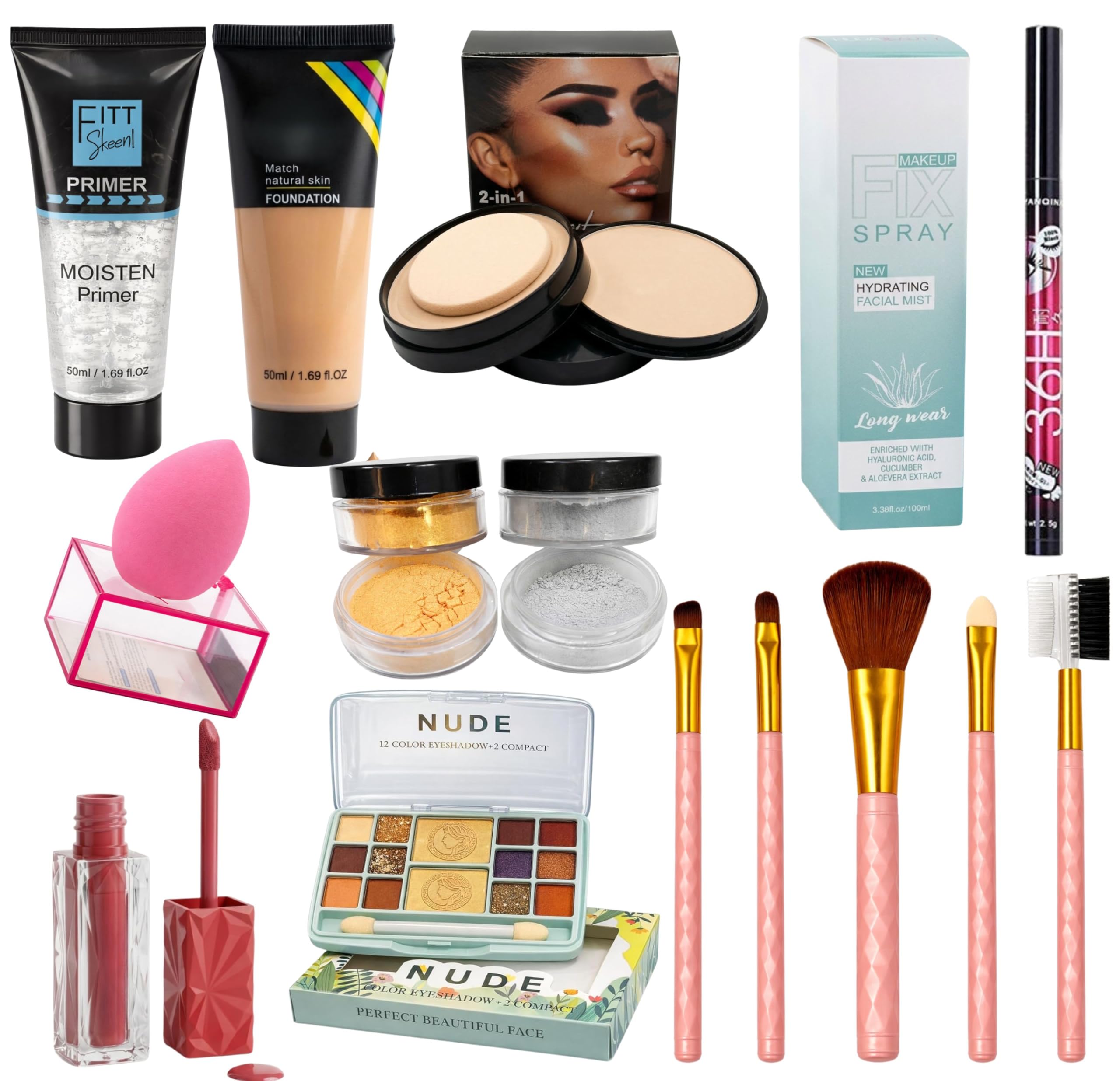 Complete 15-Piece Professional Makeup Combo Kit for Women & Girls - Beauty Set includes Primer, Foundation, 12-Color Eyeshadow Palette, Makeup Fixer, Eyeliner, Liquid Lipstick, 2-in-1 shimmer glitter, powder compact, Beauty Blender & 5-Piece Brush Set-image-38