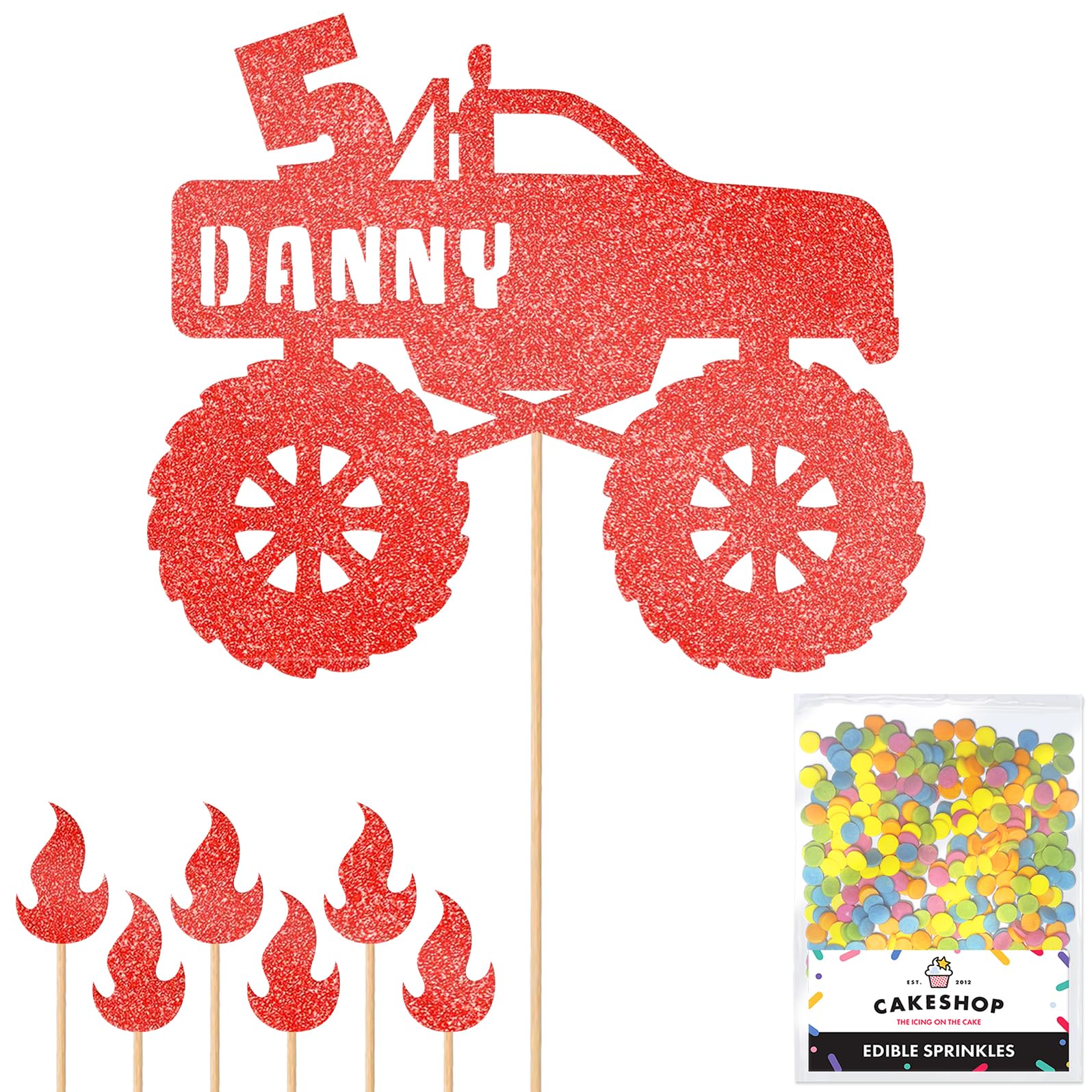 Personalised Monster Truck Glitter Cake Topper- Red Any Custom Age & Name Glitter Cake Decoration and Sprinkles - Happy Birthday Decorations - Personalised Toppers for Cakes by Cakeshop