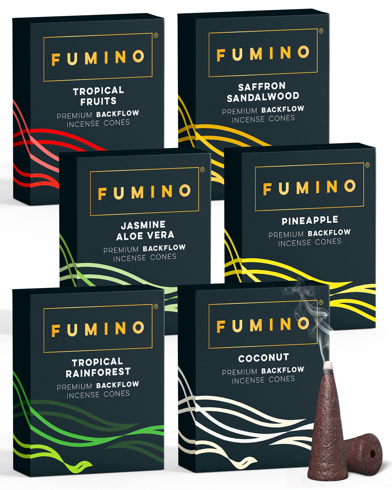 Backflow Incense Cones Fumino Fresh Multipack Tropical Tastes Bundle 6 Boxes 90 Pieces Masala Agarbatti Joss Fragrance for Relaxation and Meditation, Home and House Decor Scent