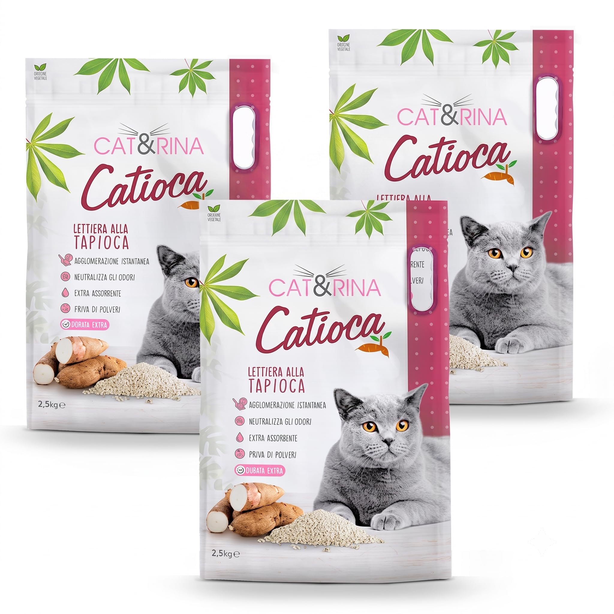 Cat&Rina Catioca Lettiera Granuli Tapioca 2,5kg, 3 Pezzi | Agglomerante, Vegetale, Si smaltisce nell'organico, Anti odore