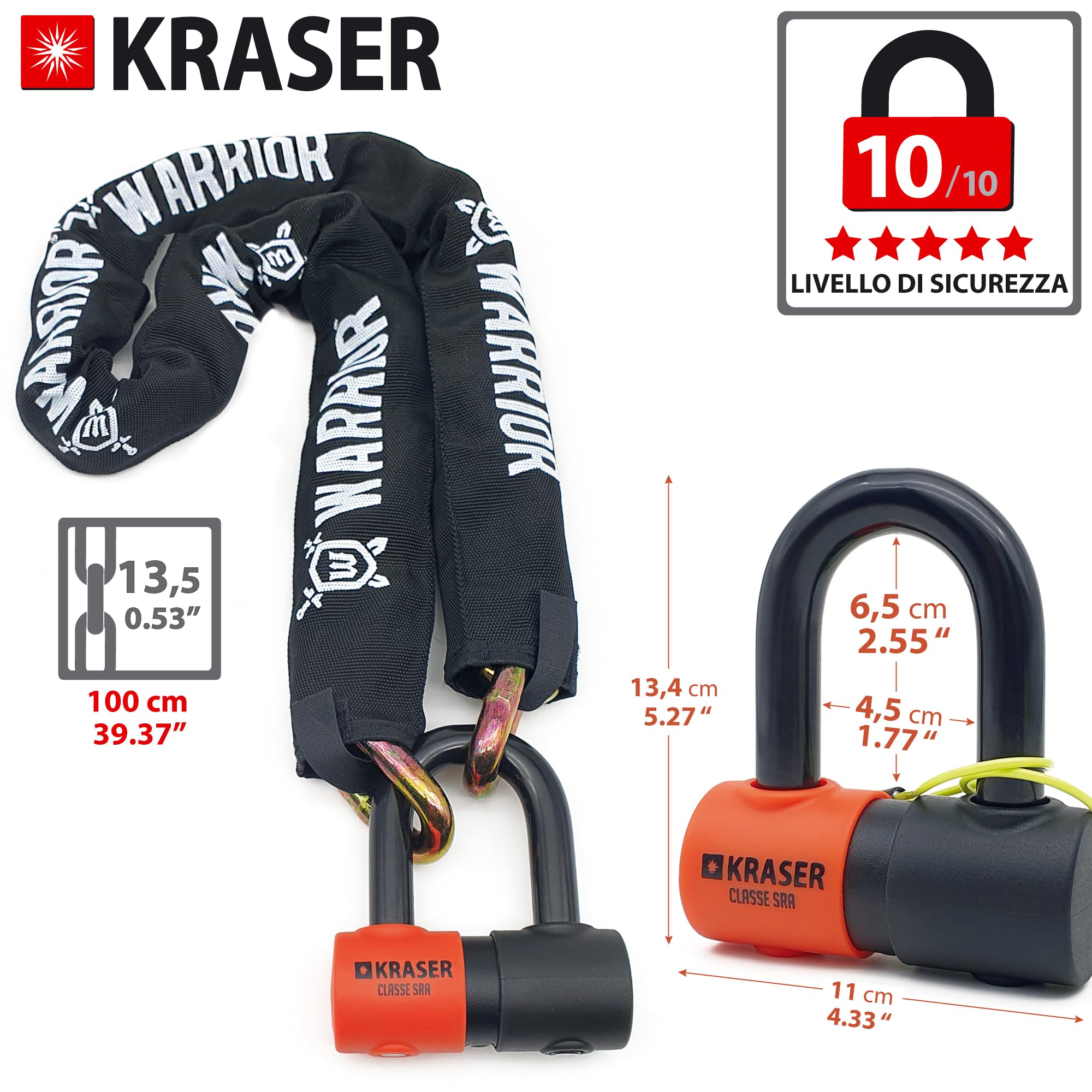 KRASER KR50100 Catena Moto Antifurto Blocco Disco Omologato SRA Set Mini U Solid Ø18, Incatenato 100 cm Ø13.5 Anelli, Multifunzione Alta Sicurezza Motociclo Motorino