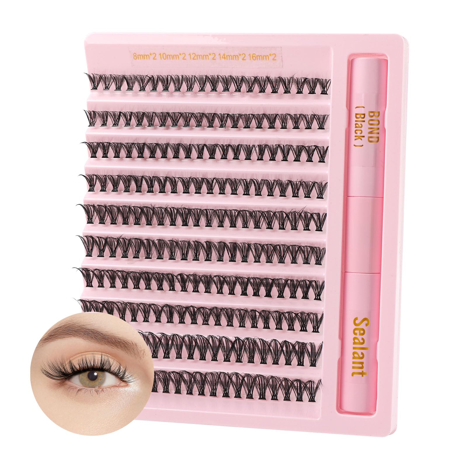 Poiuyoiu Pestañas individuales con pegamento para pestañas Bond and Seal Kit de extensión de pestañas 30D Mixto 8-16 mm Kit de pestañas en racimo 0.07 D Curl Pestañas postizas reutilizables