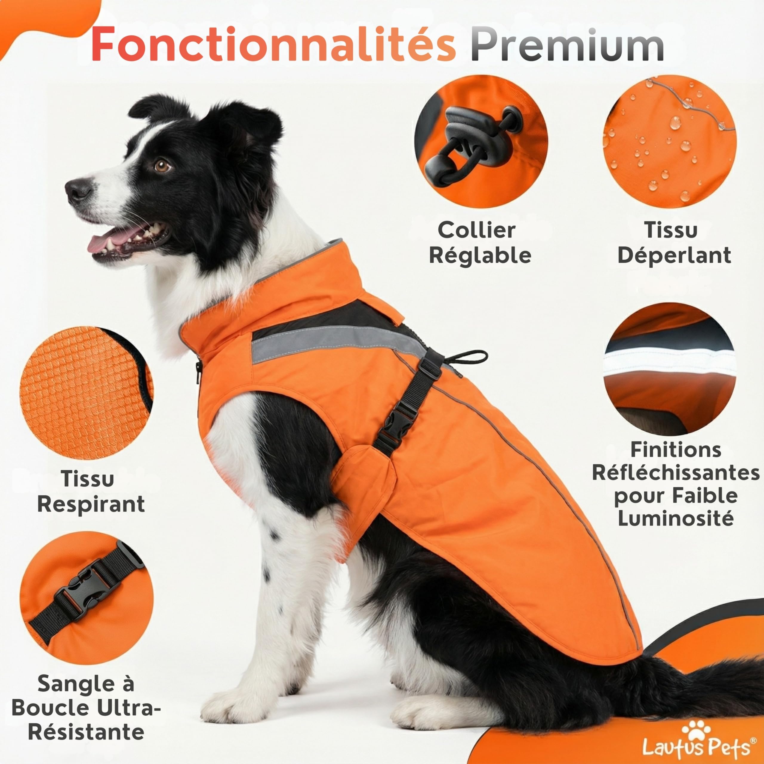 Manteau de Pluie imperméable pour Chien, Bandes réfléchissantes et Ouverture pour Laisse – Veste légère pour Chiens Moyens - XL, Orange