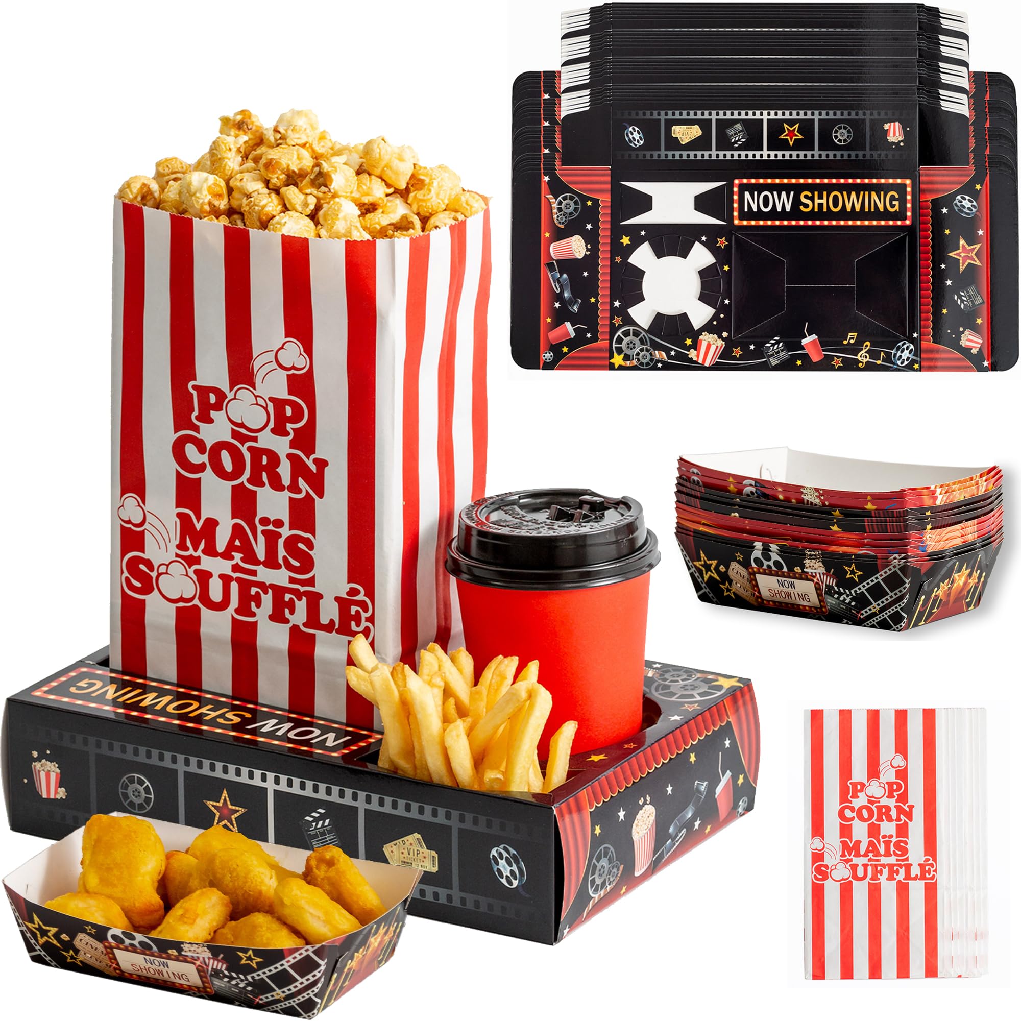 48PCS Movie Night Party Supplies - 24 Snack Boxes,12 Food Trays, 12 Popcorn Bags - Disposable Paper Snack Holder, Movie Night Accessories for Family Gatherings, Parties, and Home Theater