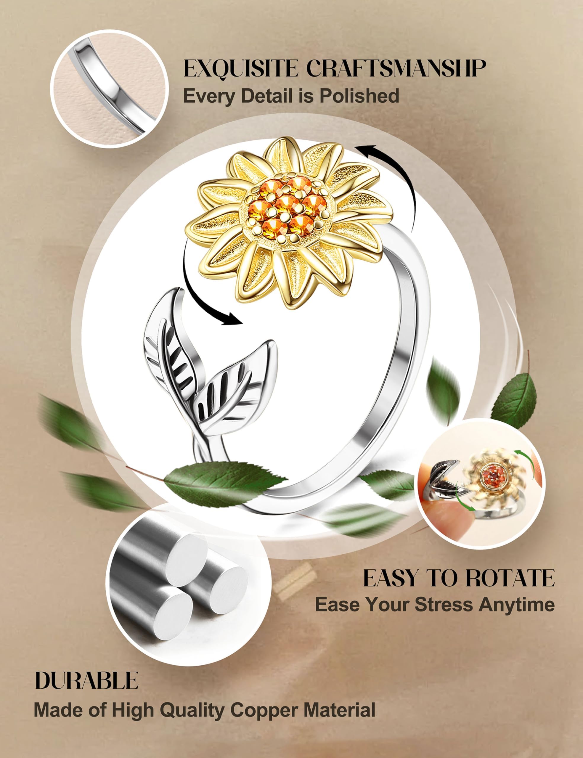 WBDWWTD KRFY Anillo de ansiedad para mujeres, anillo Fidget de plata para Adolescentes Niñas Niños, Anillos Fidget Ajustables con Spinner Abierto para Mujeres Ansiosas con Perlas Anillos para Pulgar
