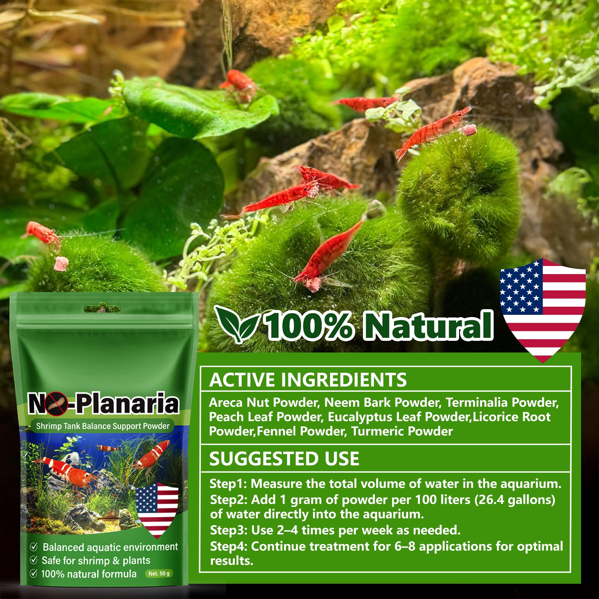 No Planaria & Hydra Trap, poudre d'équilibre pour aquarium, soutien 100 % naturel pour les problèmes causés par les intrus à corps plat, favorise une croissance saine et la reproduction des crevettes