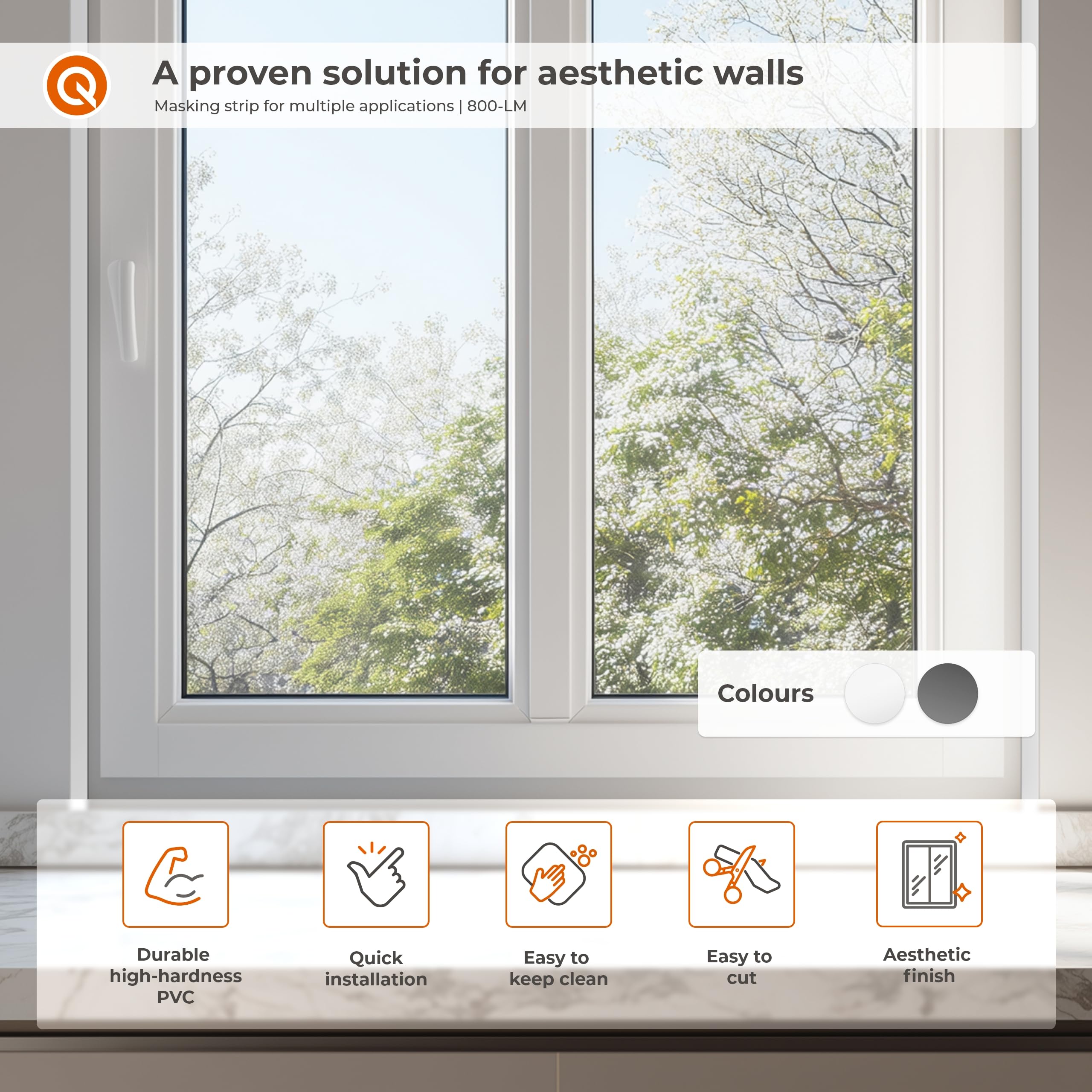 Quest Listón de Cubierta Tira Plana, Moldura para Ventanas Autoadhesiva - Ancho 30mm - Perfil de PVC, Moldura Decorativa, Tira de Acabado - Flexible, Plana - 20 metros (Blanco)