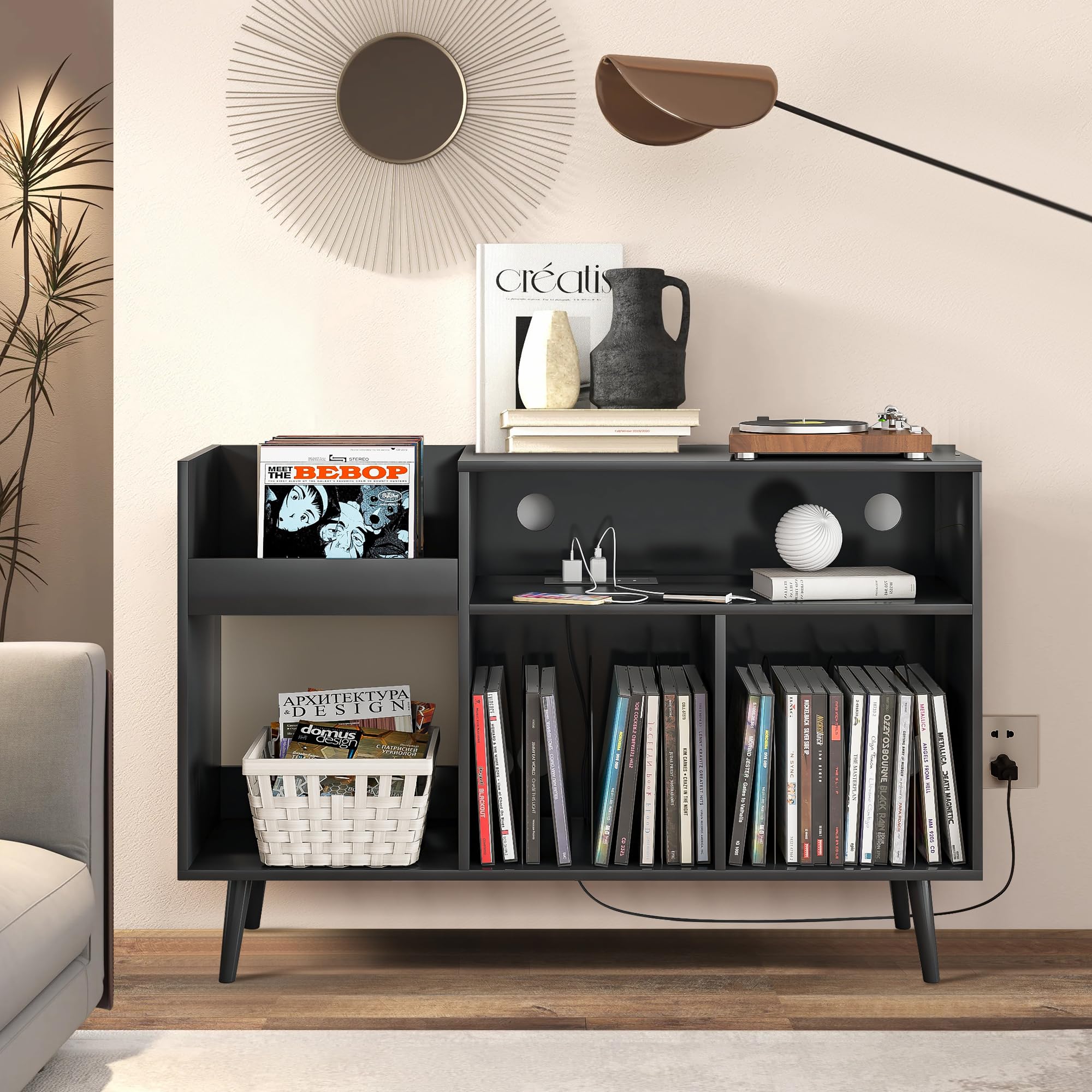 Fiogmub Large Record Player Stand with 4 Cabinet Charging Station & USB Ports, Turntable Stand with Storage, Record Player Table Holds Up to 300