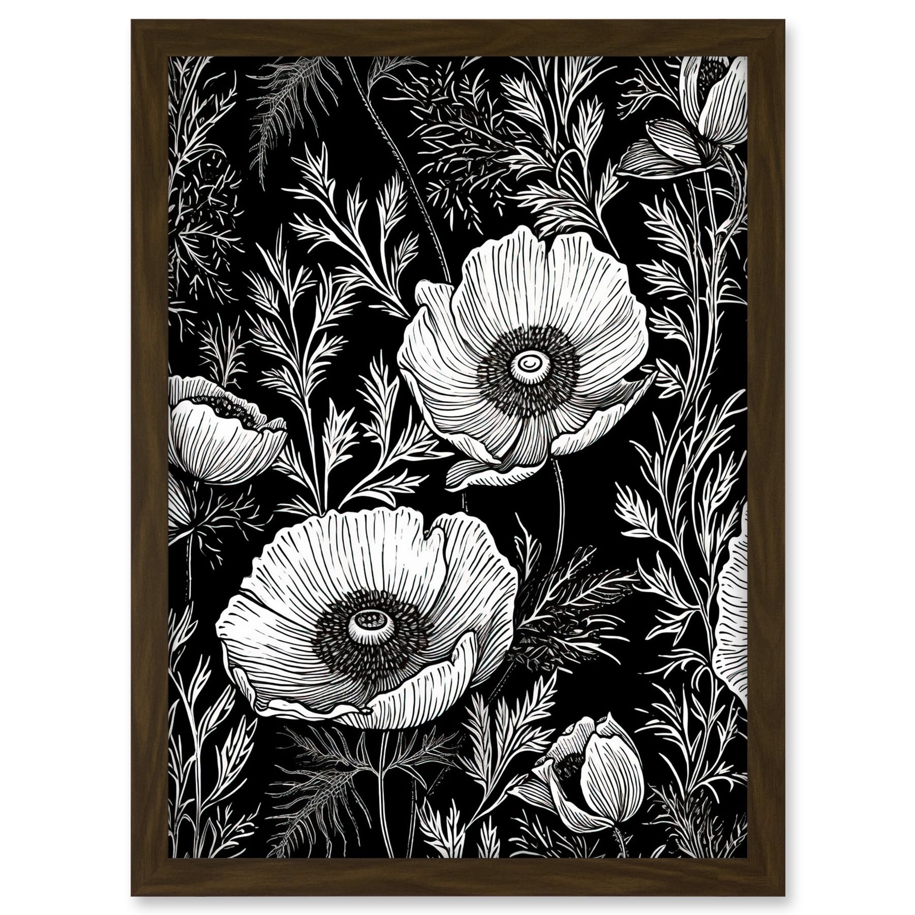 Artery8 Poppy Wild Flower Pattern Black and White Linocut Artwork Framed A3 Wall Art Print