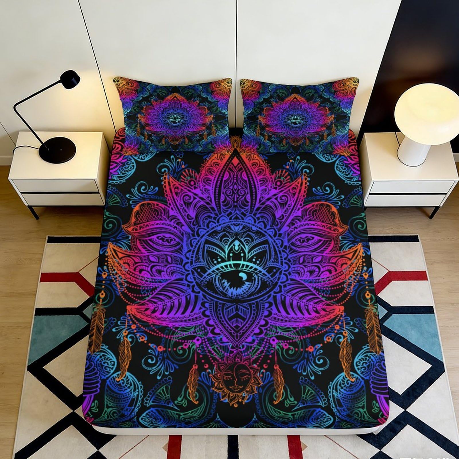 3D Printed Colorful Mandala Fitted Sheet Microfiber Soft Durable Vibrant Lotus Pattern Bed Cover for Bedroom Dormitory Guest Room Mattress Protection 200x200x25cm