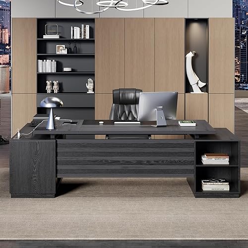 Miniatura 4 de Escritorio en forma de L con cajones para el hogar, escritorio de oficina ejecutivo de 78 pulgadas con toma de corriente, escritorios grandes de