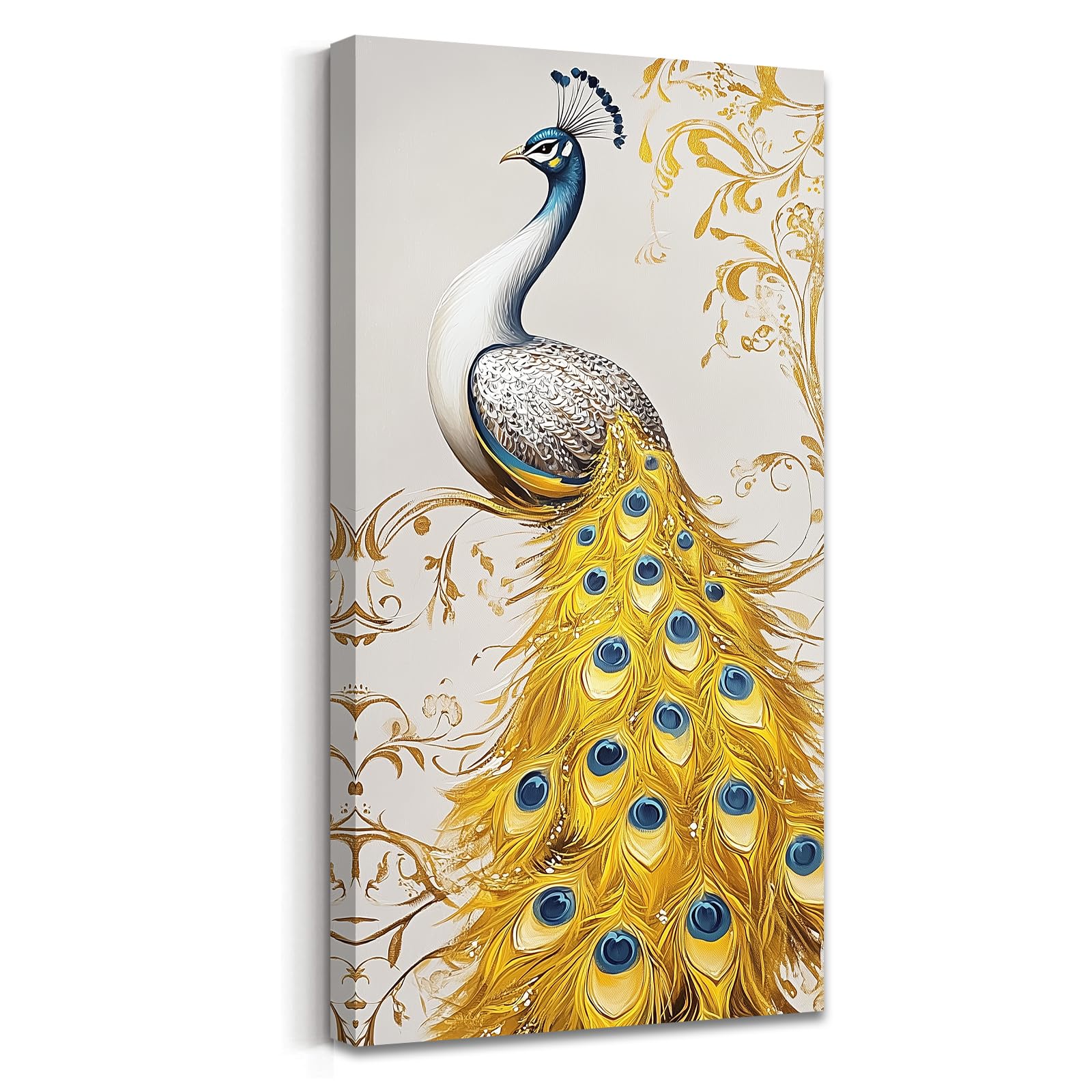 LZIMU Peacock Canvas Wall Art Gold and Blue Feather Paintings Elegant Bird Pictures Wall Decor Vintage Animal Prints Artwork for Bedroom Living Room Framed (Gold, (40.00 x 80.00 cms))