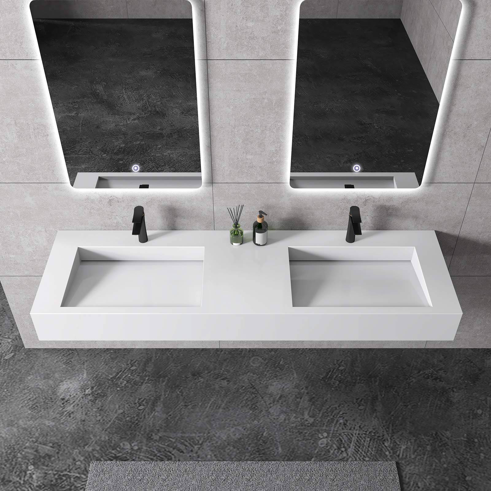Double vasque à poser ou a suspendre TWG16, en solid surface - 153x45x15cm - couleur en option, Couleur:Blanc mat