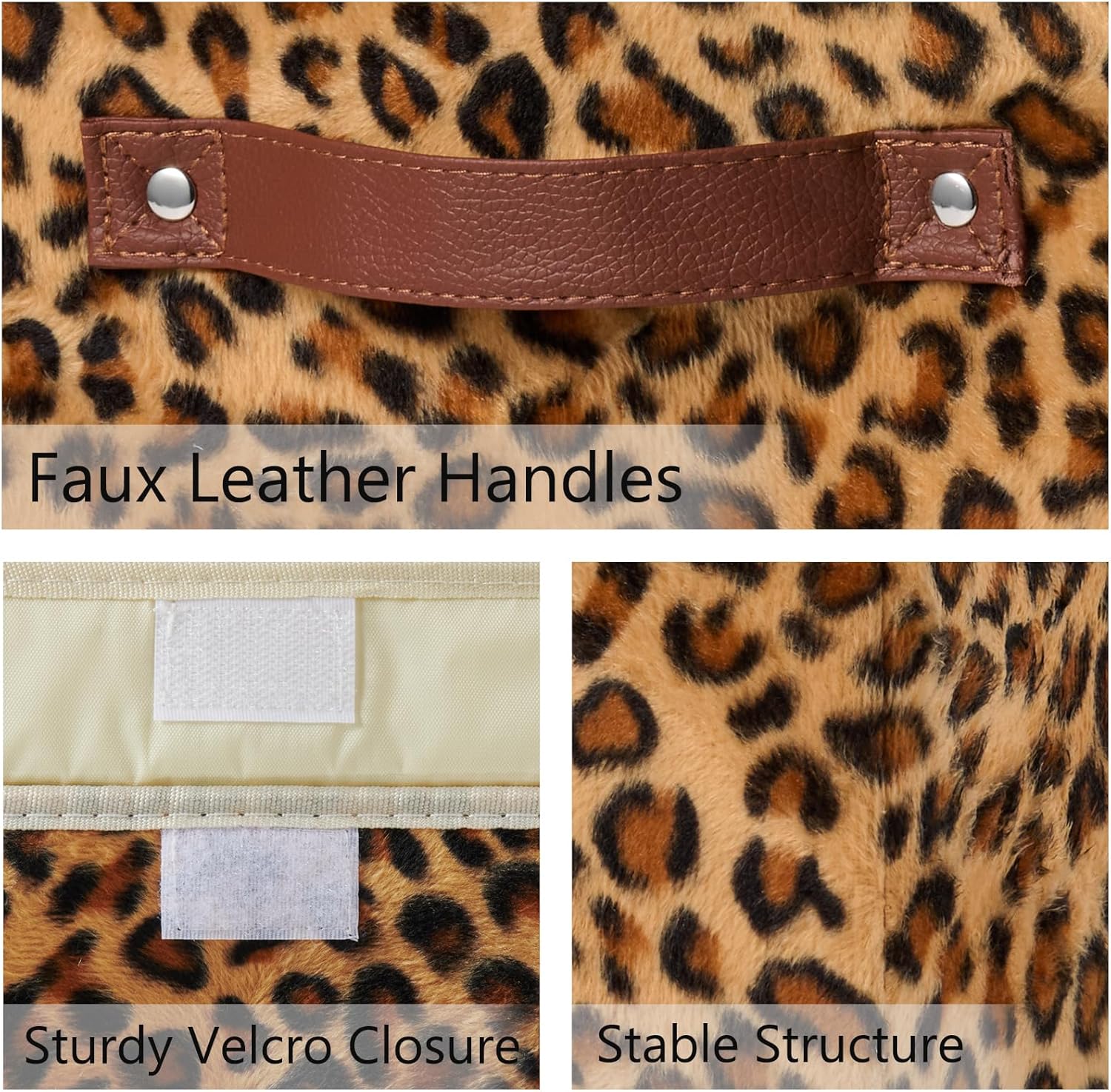 6PCS Storage Cubes with Flip-top Lid 11 Inch Leopard Print Velvet Fabric Cute Decorative Storage Bins Boxes PU Leather Handles Closet Organizer Container Foldable Washable Shelf Basket