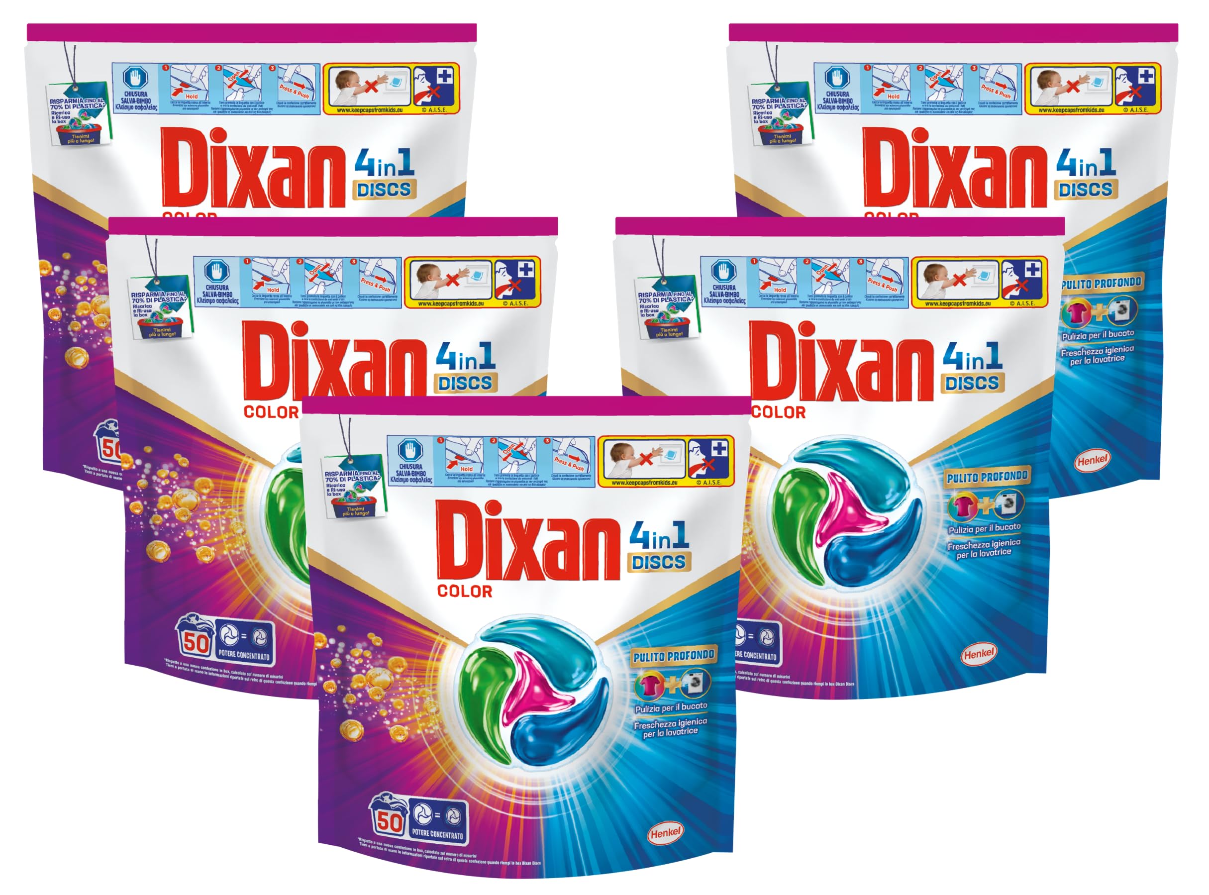 Dixan DISCS 4in1 Color Detersivo Lavatrice (50 Lavaggi), Capsule lavatrice per colori vivaci, pulizia profonda del bucato e freschezza igienica per la lavatrice, Rimuove le macchie da 20°C