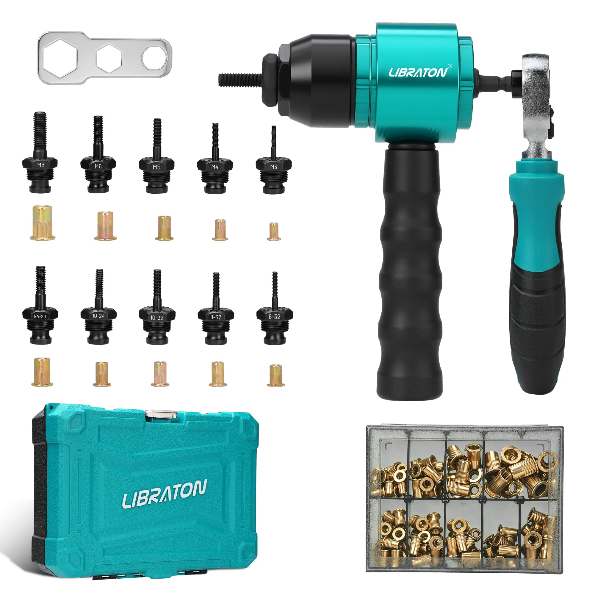 LIBRATON Adattatore per Dado a Rivetto e Set Chiave a Cricchetto, Kit Rivettatrice Elettrica e Manuale con 10 Mandrini (M3 to M8, 6-32 to 1/4-20), 100 Dadi, Cambio Rapido, per Fai da Te, Valigetta