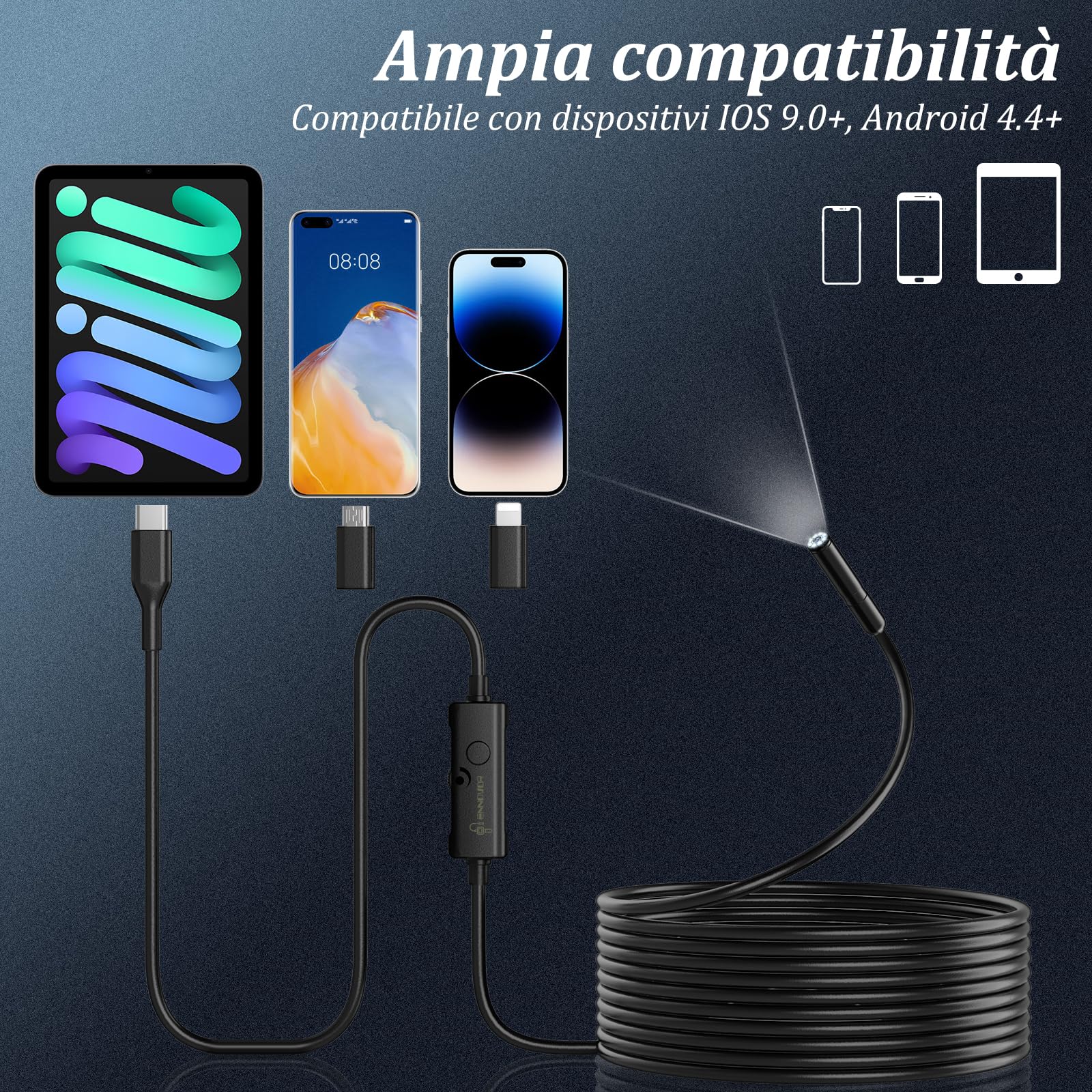 Endoscopio per Smartphone, 1920P HD Telecamera Endoscopica, IP67 Sonda Impermeabile, Endoscopio con 8 LED, Telecamera Ispezione Tubi con Cavo Semirigido da 5 m, Android iOS - Camera senza WiFi