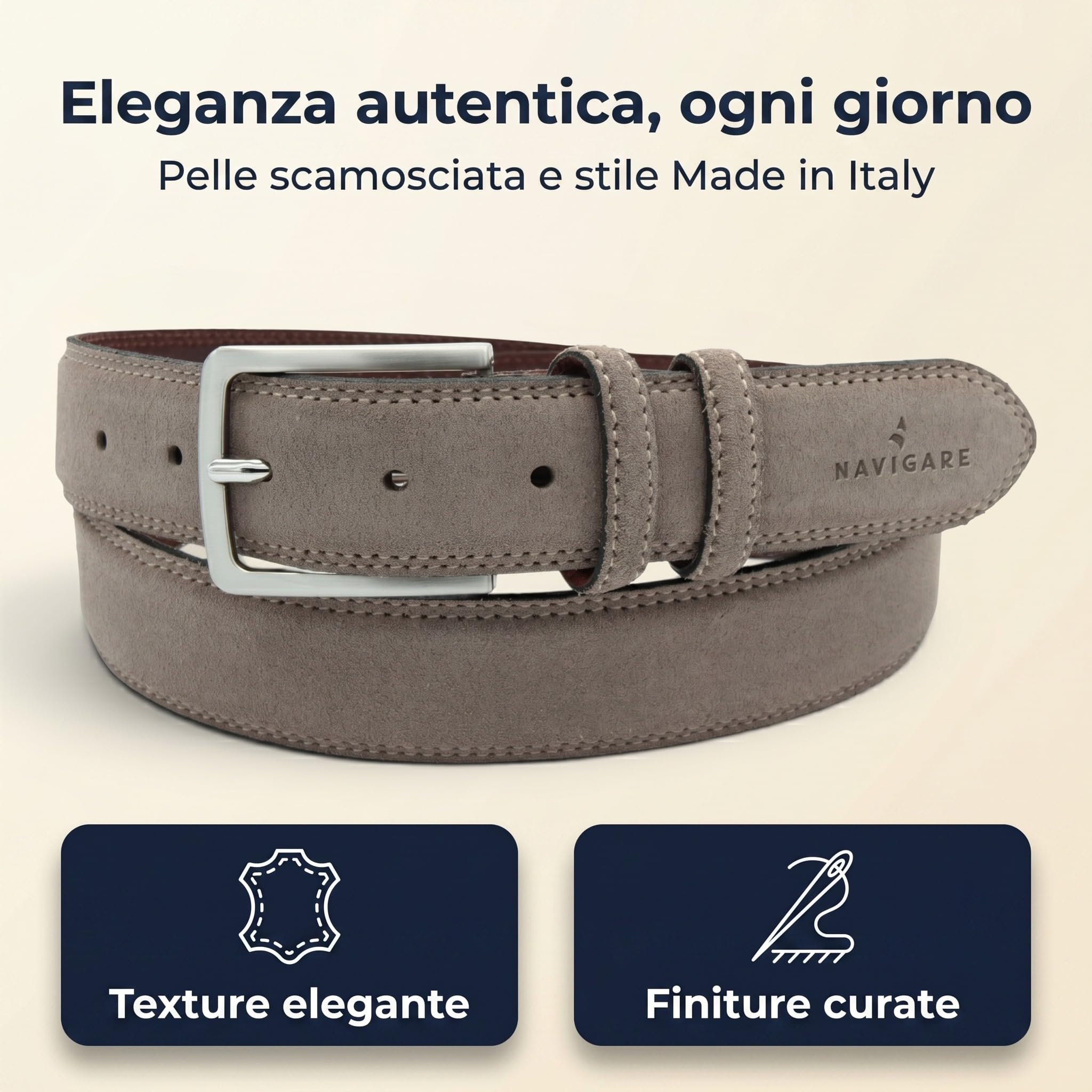 Navigare Eleganter Herrengürtel aus Wildleder, hergestellt in Italien, echtes Leder mit satinierter Dornschnalle, verstellbar und kürzbar