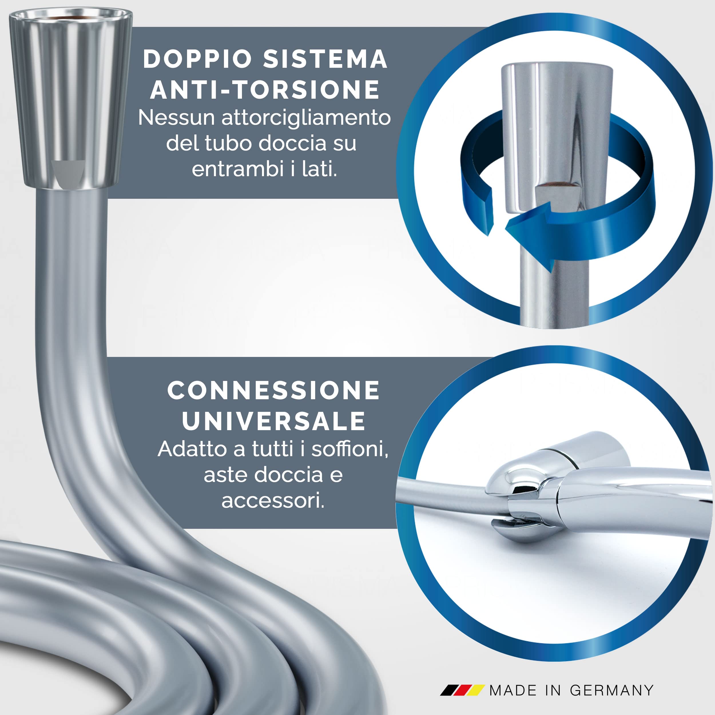PRISMA tubo doccia 200cm MADE IN GERMANY con doppia protezione antitorsione. Tubo doccia Estremamente flessibile, a prova di torsione, con protezione antipiega.