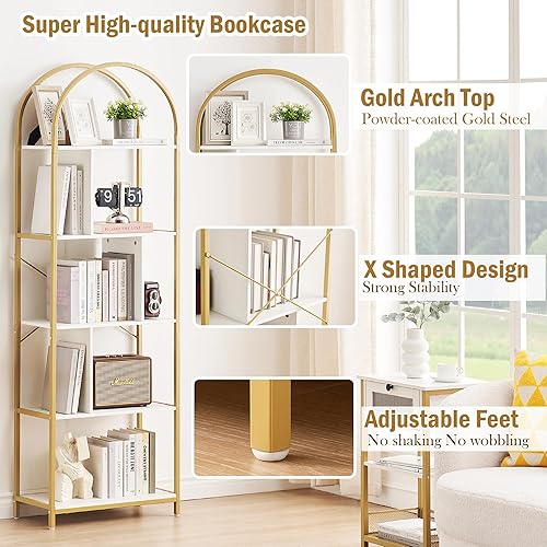 Miniatura 4 de Estantería dorada de 5 niveles de 70.87 pulgadas de alto con estantes de exhibición arqueados, estantería de pie alta con estantes, organizador de