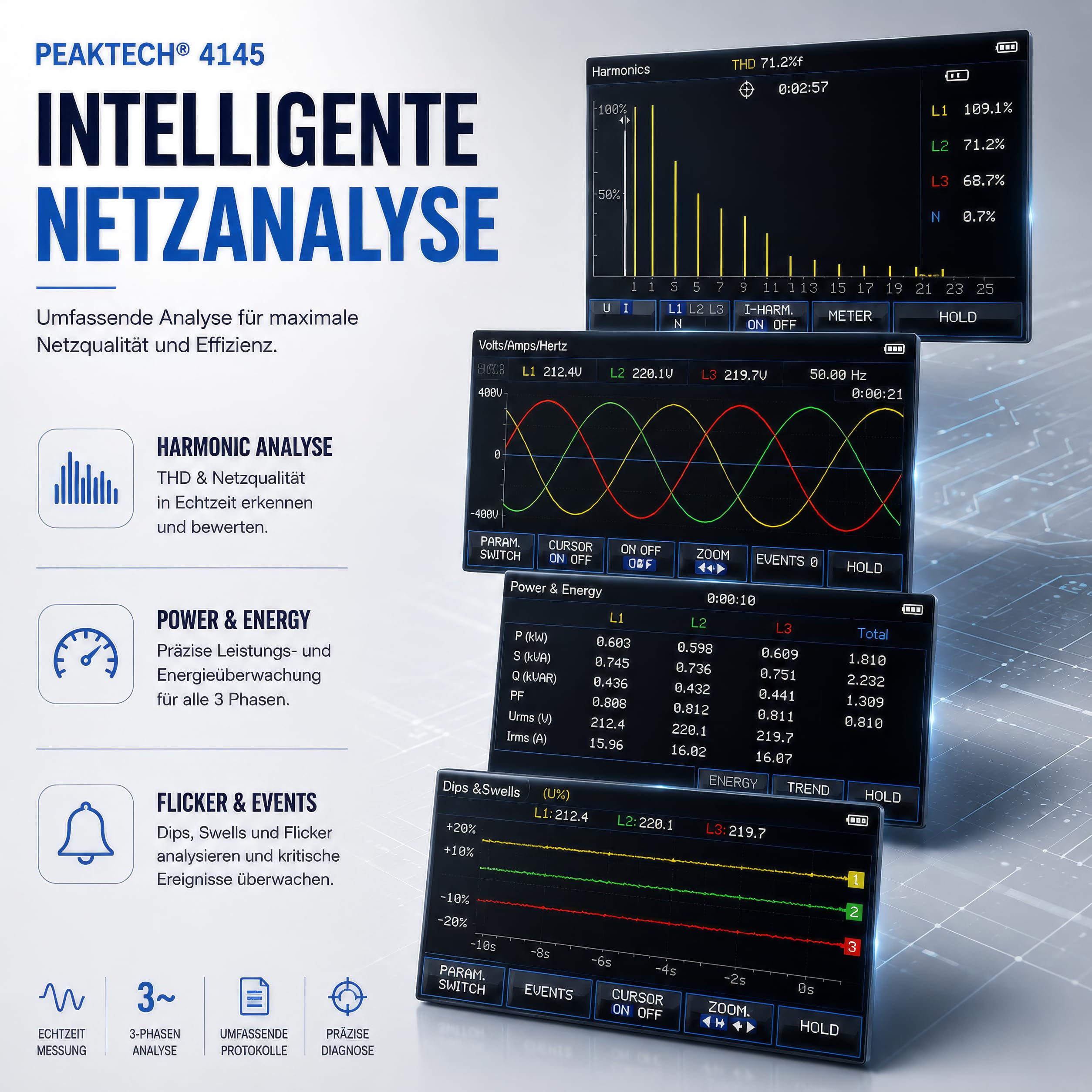 PeakTech P 4145 3-Phasen Leistungsanalysator Netzanalysator LAN USB TFT-Farbdisplay Datenlogger CAT III 1000 V