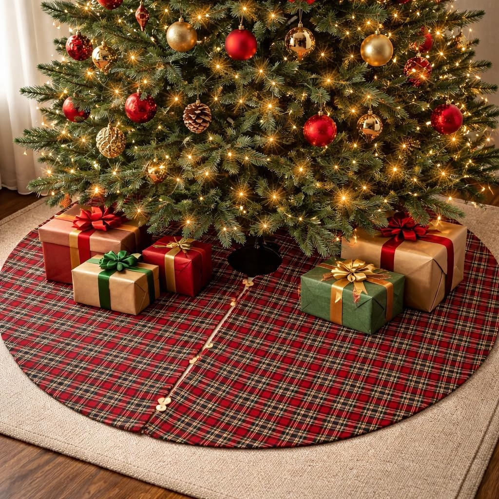 Fennco Styles Classic Tartan Plaid Tree Skirt 56 x 56 Inch Round - Red and Black Christmas Tree Skirt for Holiday Decorations, Special Events and Home Décor