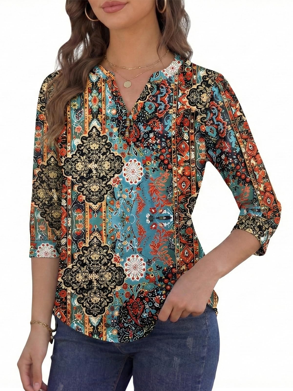 Cuptacc Tee Shirt Femme Manche 3/4 Henley Boutonné Col en V Chemisier Femme Chic et Élégant Top Habillée Haut Ete Léger Tunique