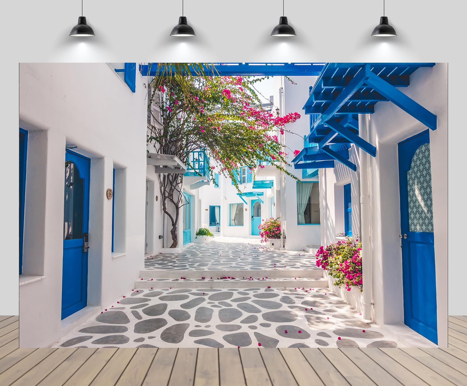 chnywork 10x6.5ft Greece Backdrop Santorini Morocco Blue Window Flowers Street Scenery Photo Background for Greece Wedding Birthday Party Decor Music