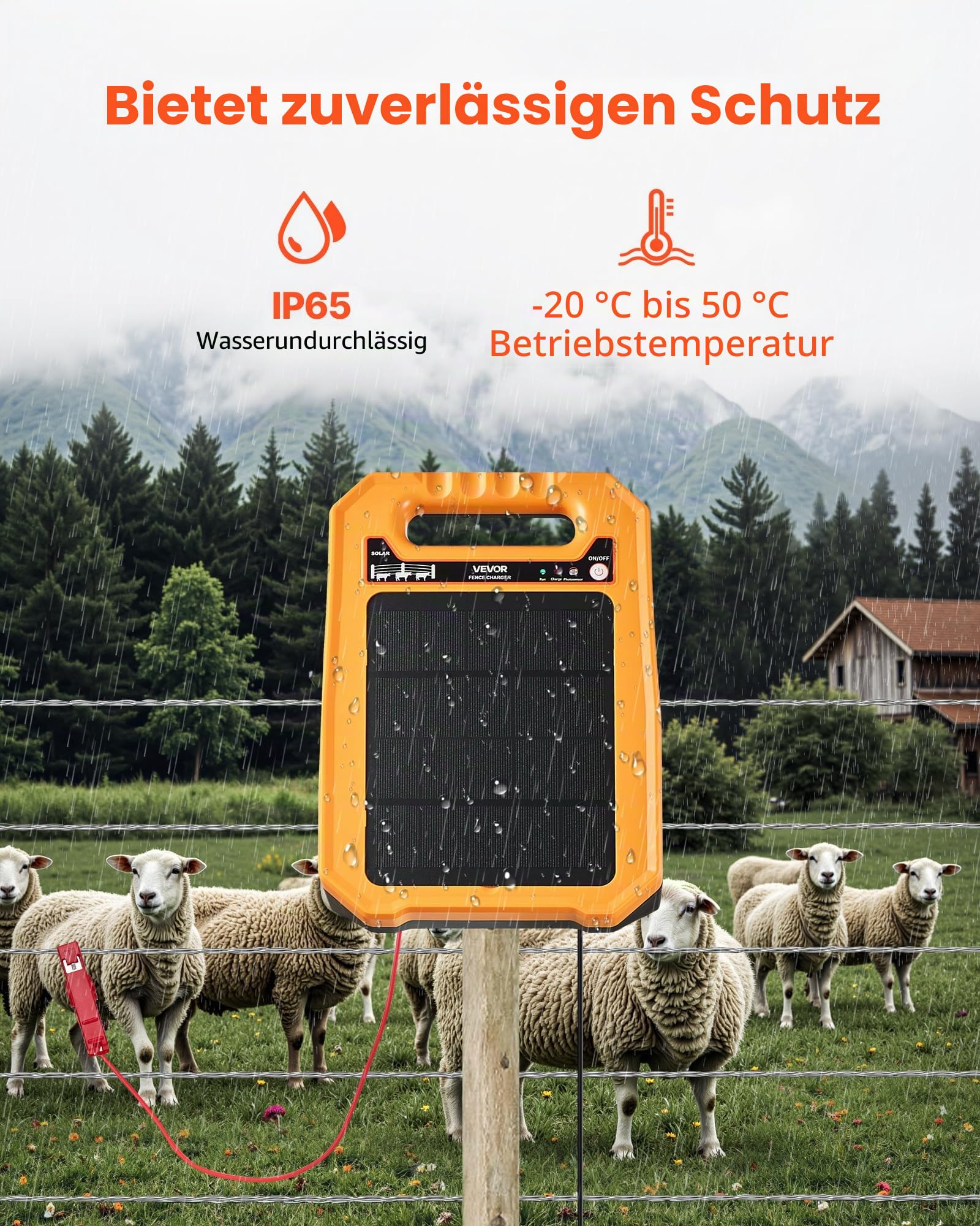 VEVOR Weidezaungerät, 0,3 J, Elektrozaungerät 8 kV, solarbetriebenes Zaunladegerät, 3 km Reichweite, wetterfestes Elektrozaun-Energizer-Set, 7 Tage Laufzeit, für Vieh, Geflügel, Gartenschutz