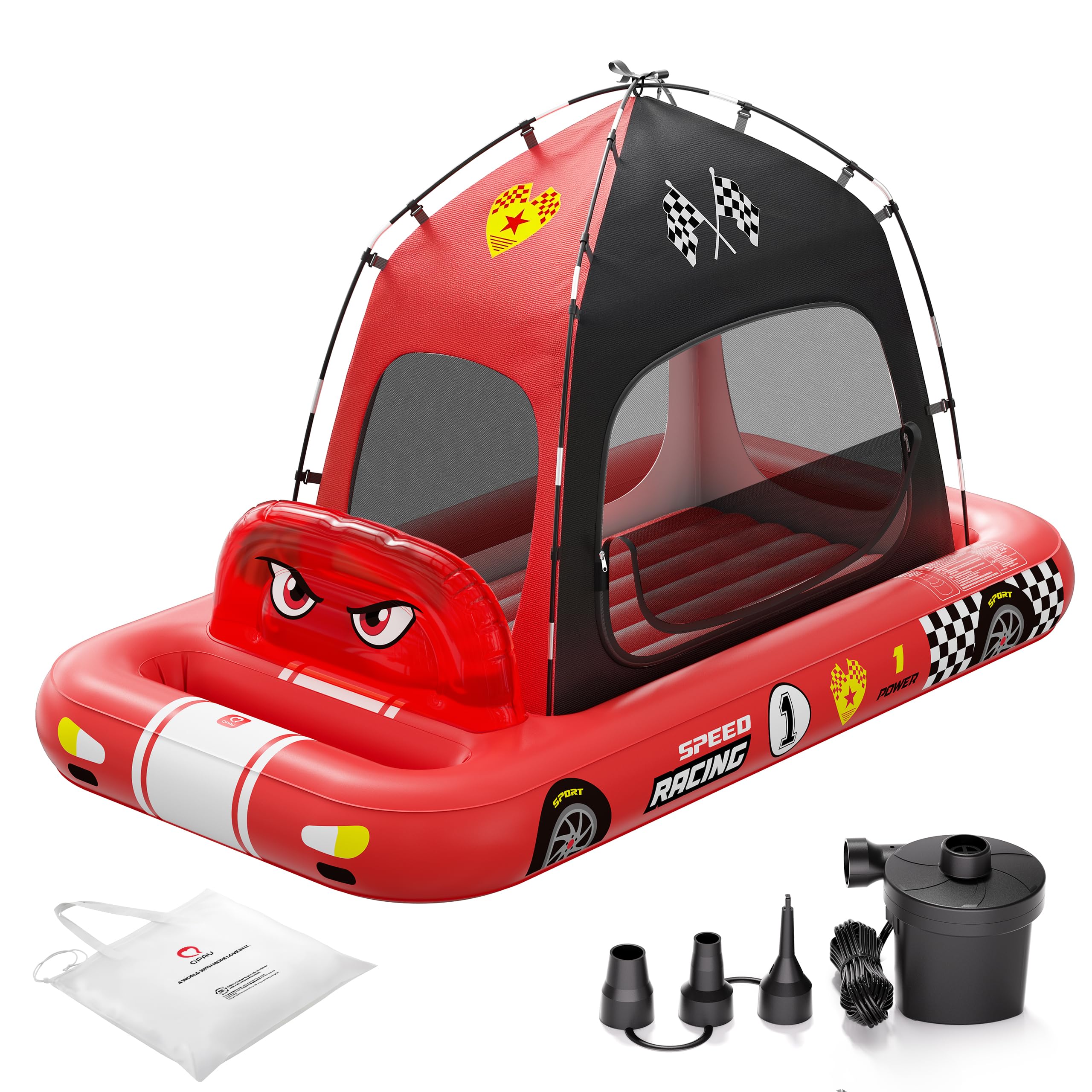 QPAU Colchón de aire en forma de coche de carreras para niños con tienda de campaña y bomba, colchón de aire portátil para casa, viajes y camping, a partir de 3 años