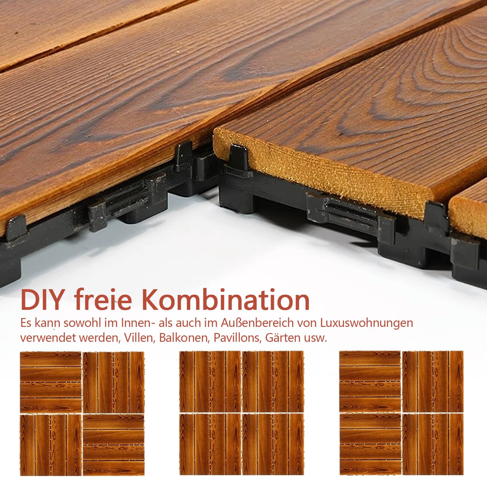 Ansobea Houten tegels, acaciahout, 30 x 30 cm, terrastegels, 55 stuks, 5 m², balkontegels, vloer, kliktegels, mozaïek voor tuin of patio, weerbestendig (12 latten