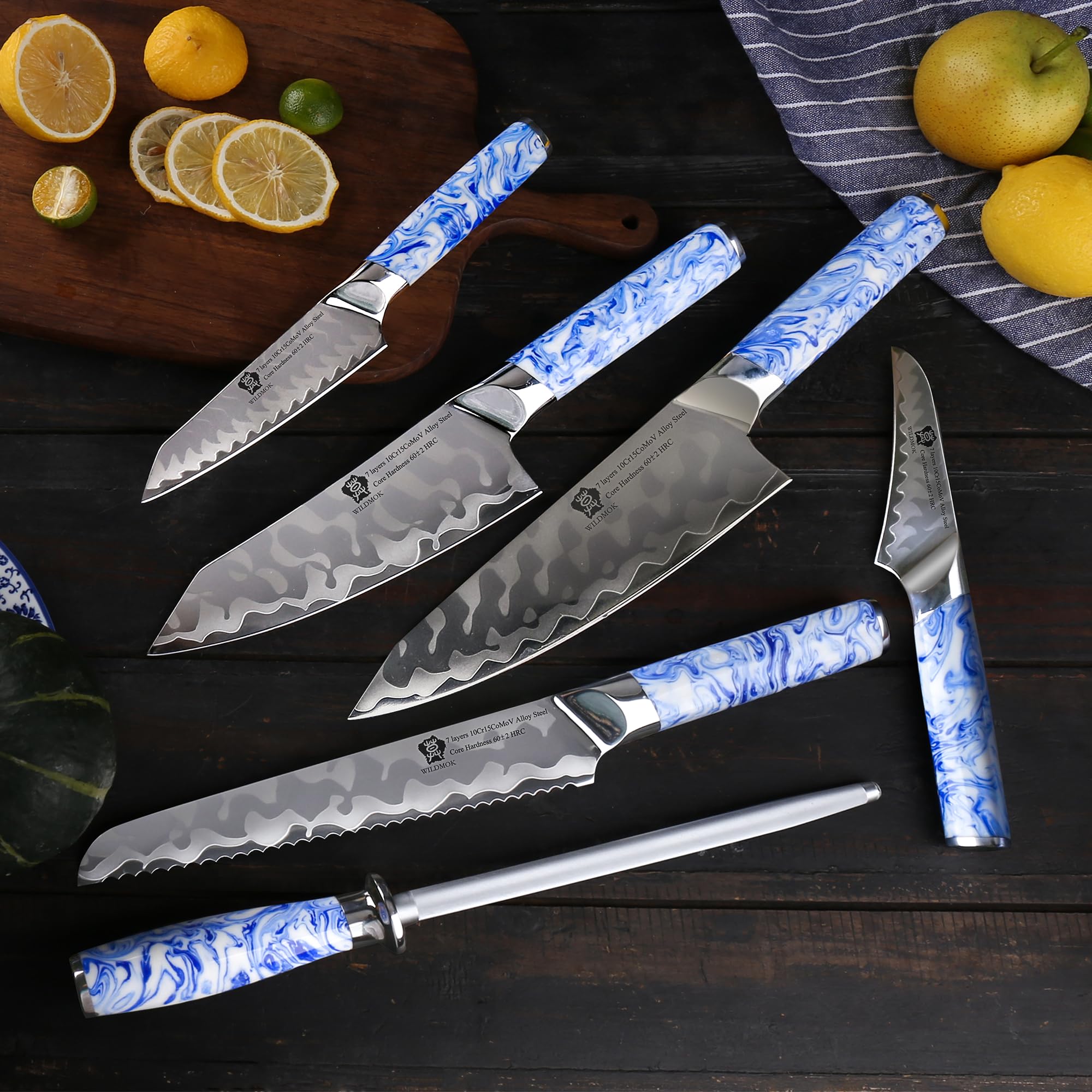 WILDMOK Set Coltelli con Ceppo, Set Coltelli da Cucina con Manico in Resina da 7 Pezzi, Compresi Set di Coltelli da Chef, Pane, Santoku, Multiuso e da Frutta con Affilatore