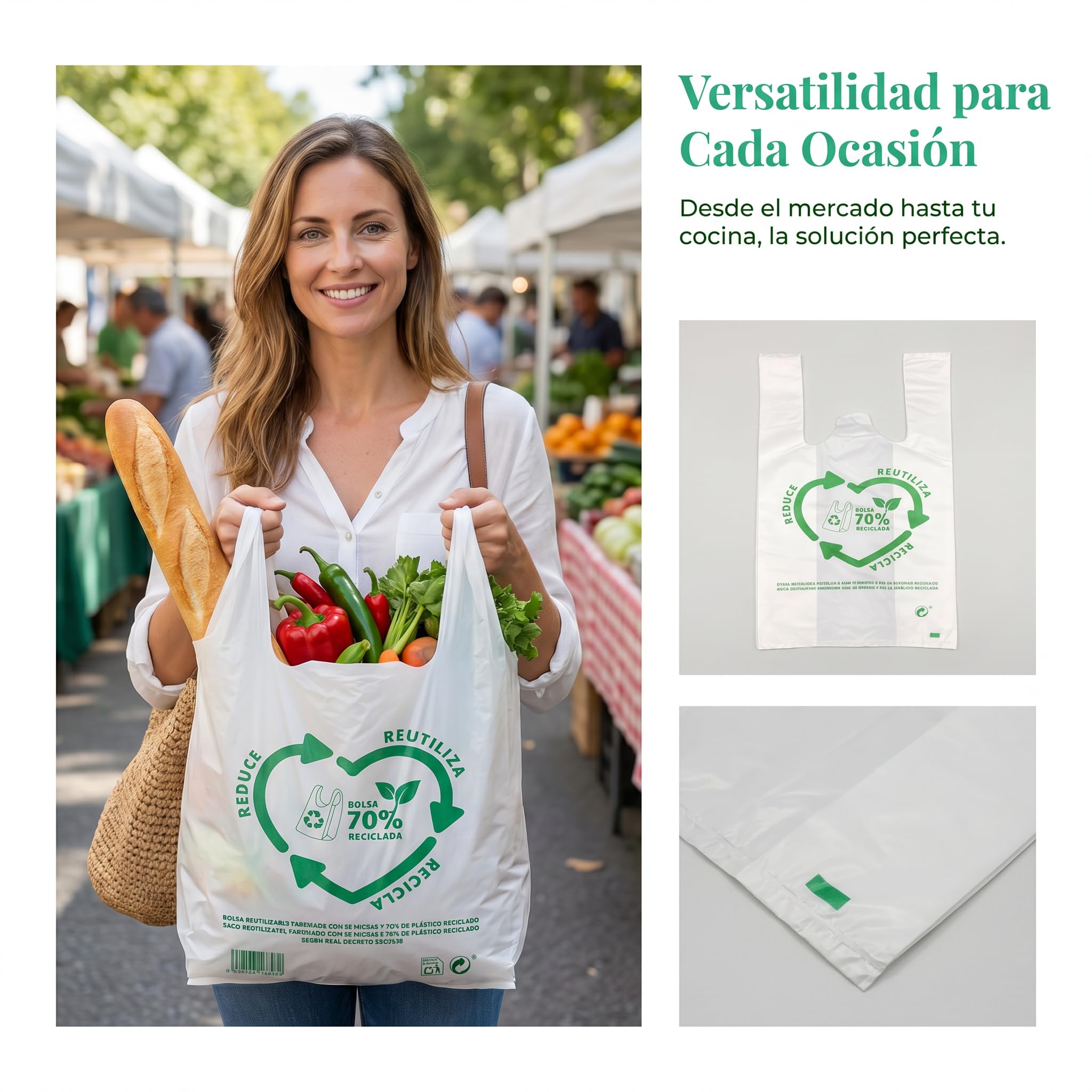 Bolsas de Plástico Asa Camiseta Blanco 50x60 cm 100 Unidades Reutilizables Resistentes 50 Micras 70% Reciclado Aptas Alimentación