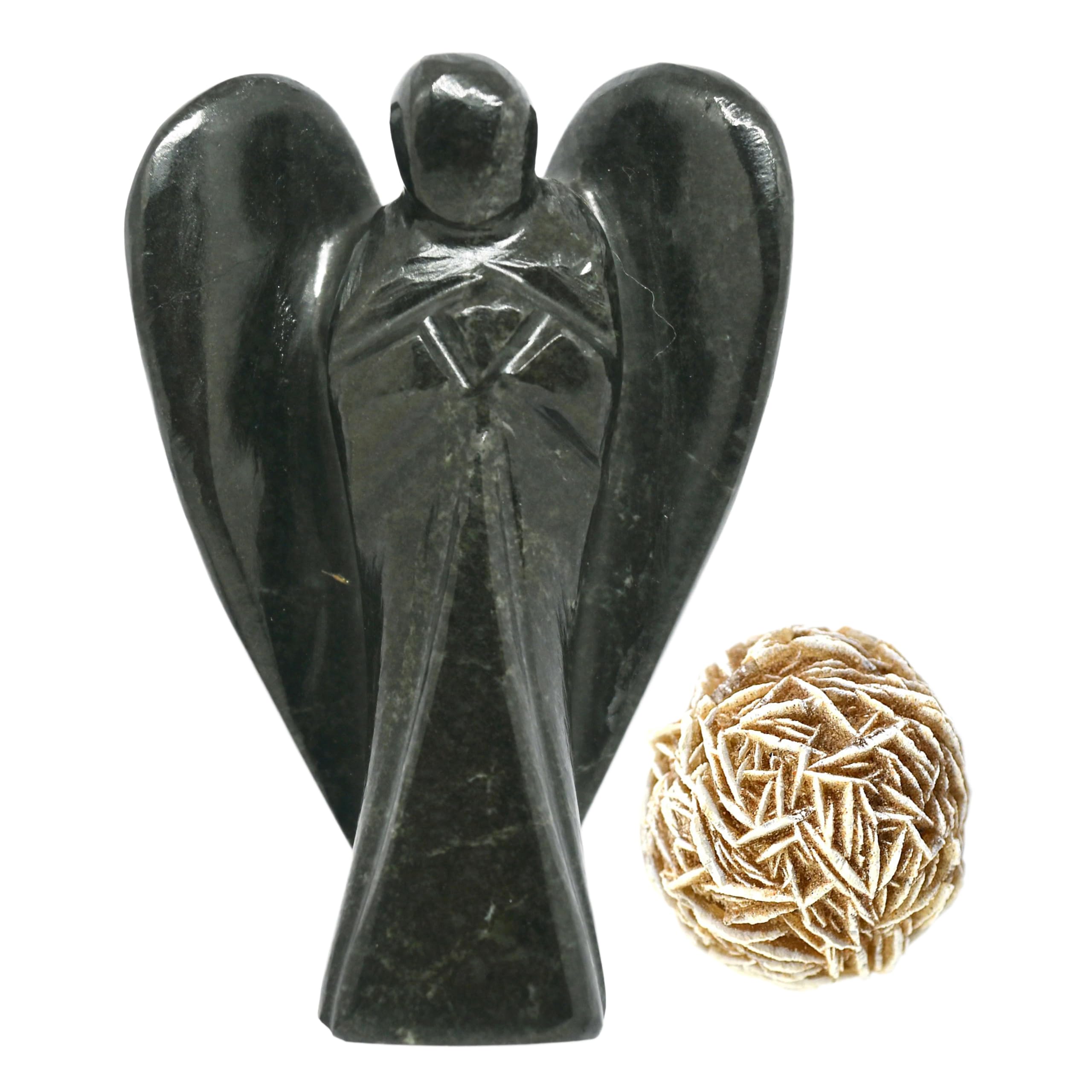 EDZZEL Black Onyx Crystal Pocket Guardian Angel Figurine Hand Carved Gemstone Statue - 2 inche With Rose Desert Selenite (1Pcs)