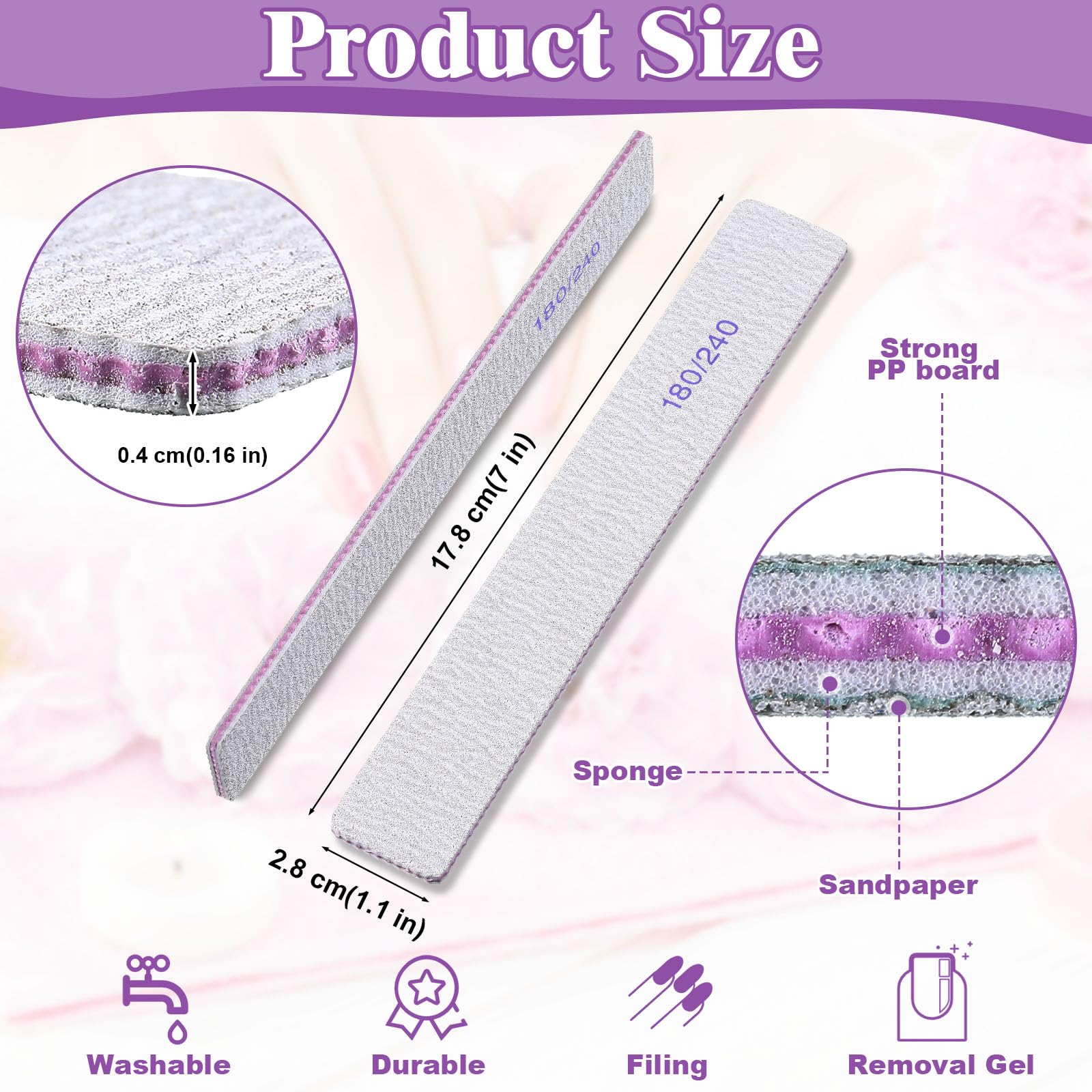Xinnun Lot de 150 limes à ongles double face - Grain 180/240 - Professionnelles - Réutilisables - Pour ongles en acrylique - Pour salon de maison