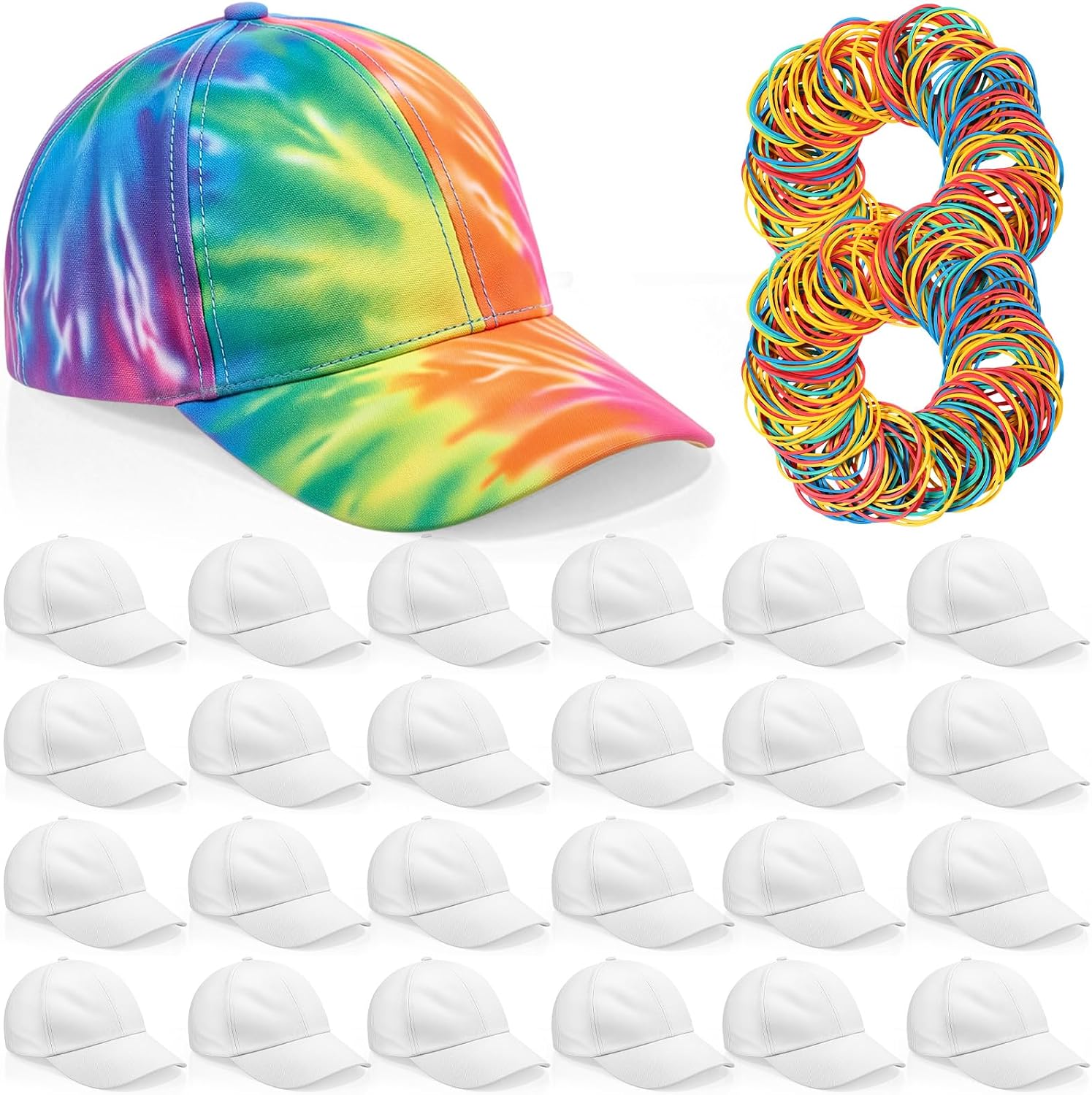 Syhood White Baseball Cap Blank Hat for Tie Dye Blank Sun Hat with Rubber Bands for Tie Dye Accessories Outdoor Activities