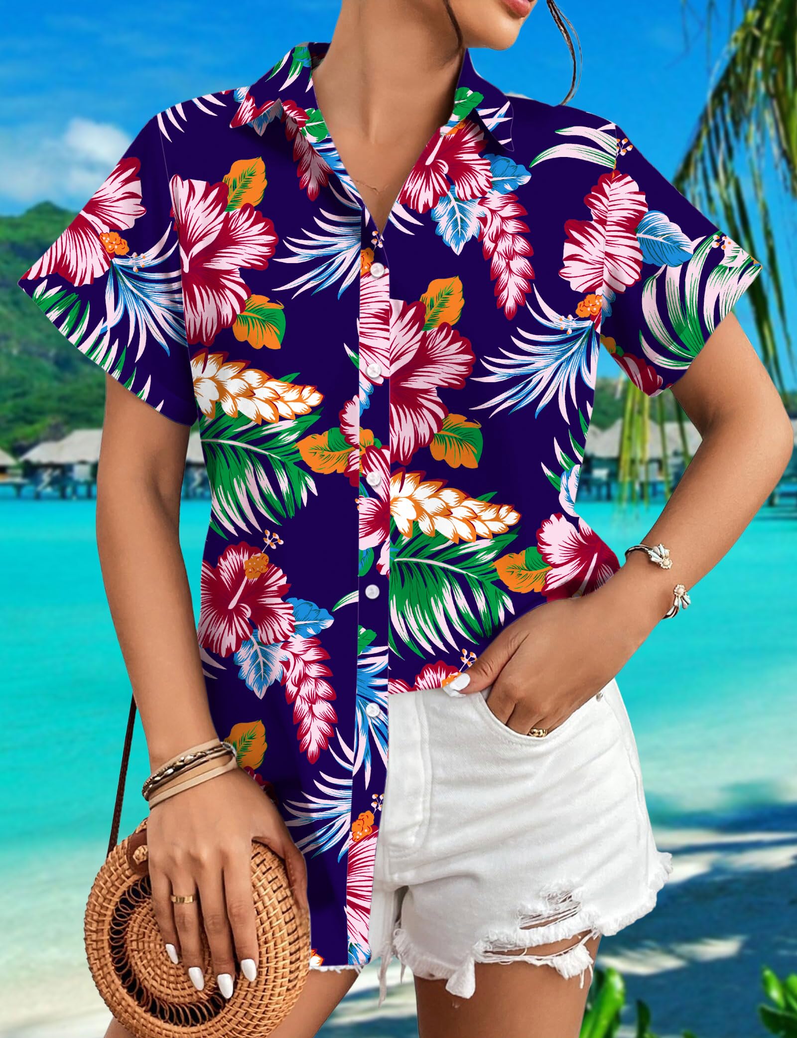 tiorhooe Camisas hawaianas para mujer, diseño de árbol tropical, de manga corta, con botones, para verano, playa, vacaciones