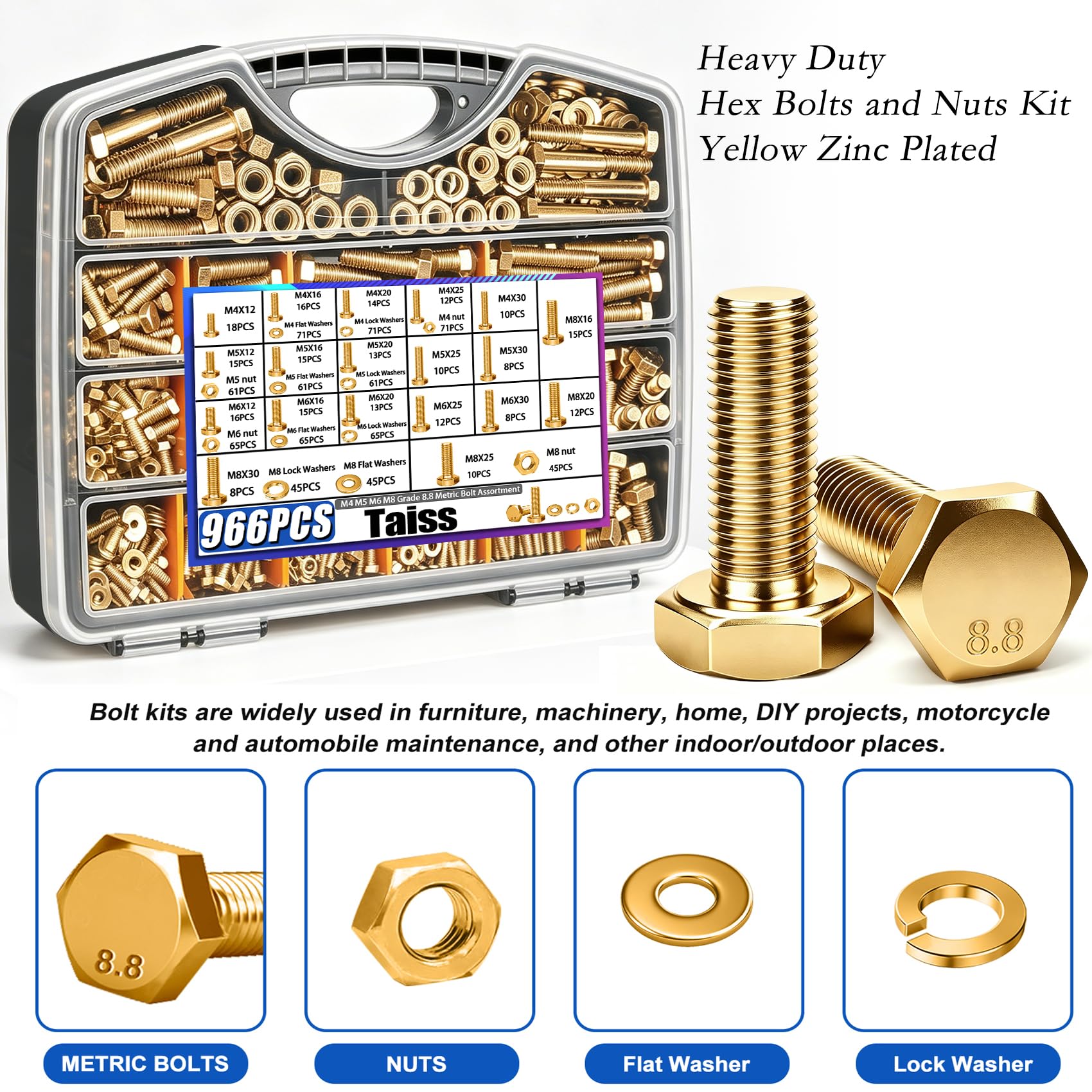 Taiss 966pcs Metric Bolt Assortment Grade 8.8 Heavy Duty,M4 M5 M6