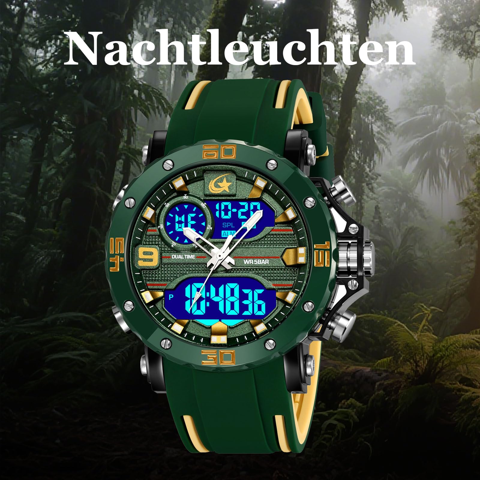 findtime Reloj de hombre militar digital analógico deportivo para exteriores, doble hora, resistente al agua, iluminación LED, esfera grande, reloj con alarma, fecha, 12/24 h, cronómetro, cronómetro
