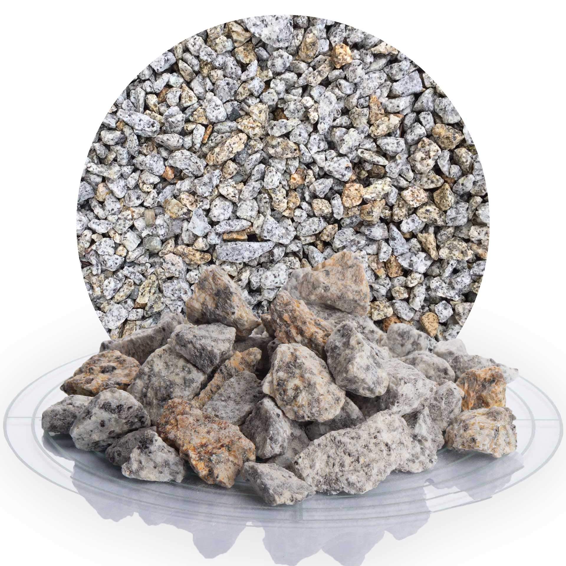 Schicker Mineral Granit Ziersplitt gelb-grau 25 kg, ideal zur Gartengestaltung, bunter Granit Naturstein, Splitt, robust, witterungsbeständig, Steingarten, Weg- und Terrassengestaltung (16-32 mm)