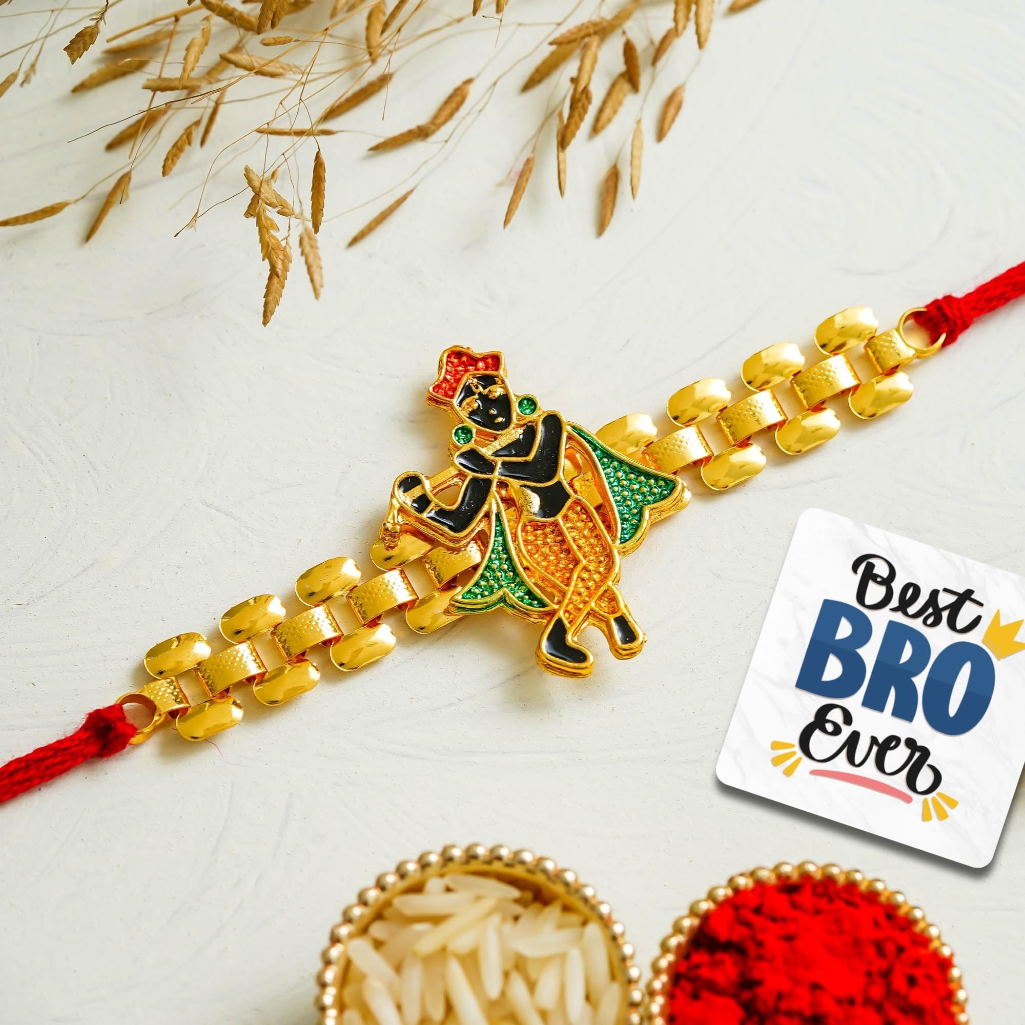 eCraftIndia Golden Red Shrinathji Rakhi for Brother With Gift Combo Set Hamper | Raksha Bandhan Rakhi for Bhai Bhaiya | Best Bro Ever Fridge Magnet | Roli Chawal Pack-image-6
