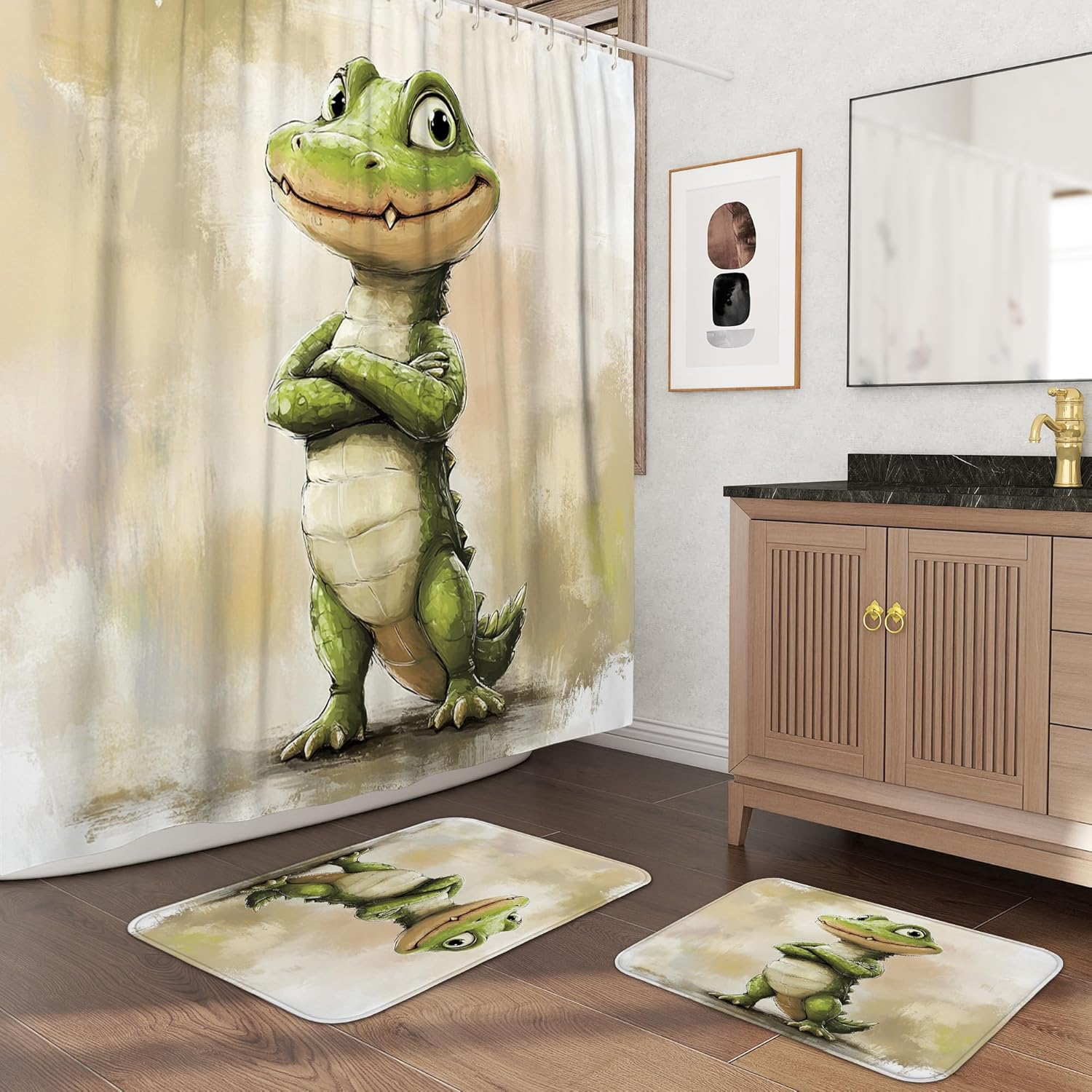 3PCS Cartoon Fun Crocodile Bathroom Set, Bath Accessory with Two Non-Slip Washable Bath Rugs (16x24&20x32), Kid Alligator Anime Bathroom Mat Decor-72''x72''
